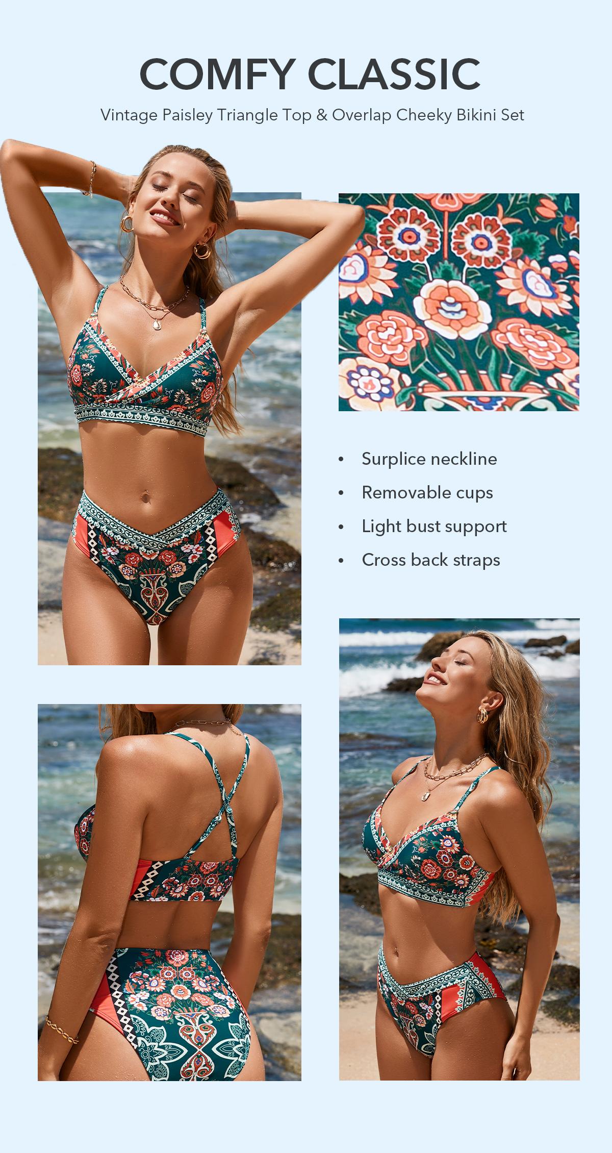 CUPSHE 2026 Vintage Paisley Bikini Sets Swimsuit | Triangle Top & Overlap Cheeky Bottoms | Retro Boho Surplice Bathing Suit with Adjustable Straps for Beach Club & Vacay SpringStatements