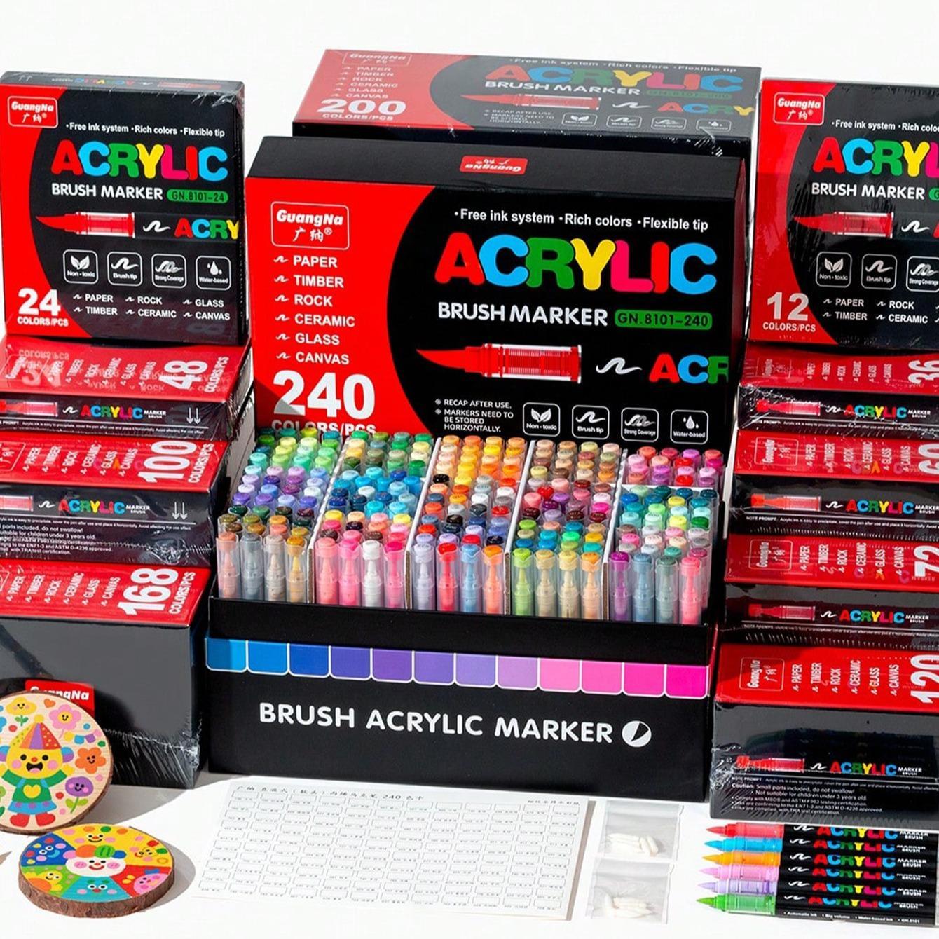 Direct Liquid Acrylic Paint Pens, 12-240 Colors, Soft Brush Tip, Water-Based Markers, for Fabric, Canvas, Rock, Glass, Wood, Paper