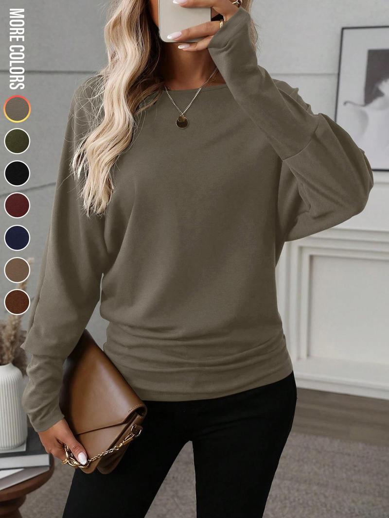 Women's Batwing Sleeve Solid Color T-Shirt, Stretchy Long Sleeve Top, Casual Fashionable Top, Warm Base Layer, Perfect for Everyday Wear & Parties