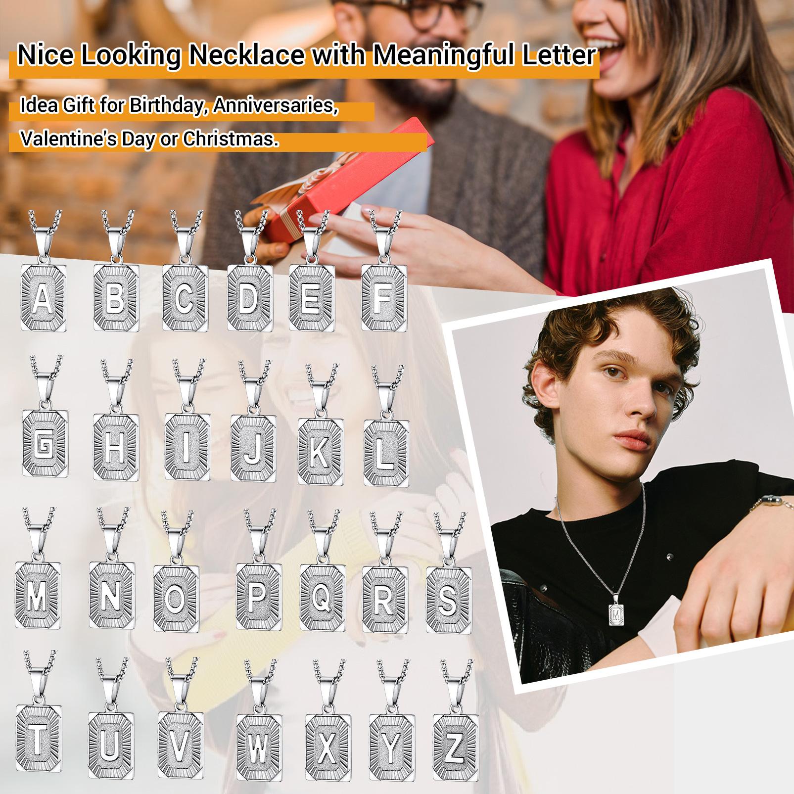 PROSTEEL Initial Tag Necklace Stainless Steel Rectangular Square Letter Necklace Alphabets from A-Z Chain Jewelry Unisex For Men Women Gift Box