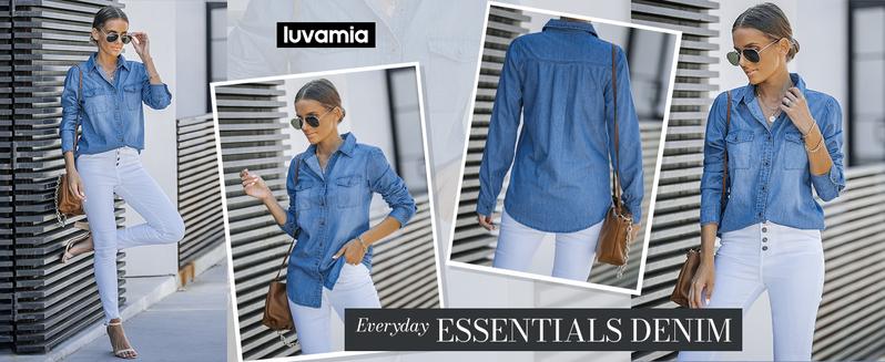 luvamia Denim Shirt Women Chambray Jean Western Shirts Long Sleeve Button Down Tops Cotton Collared Casual Womenswear Blouse