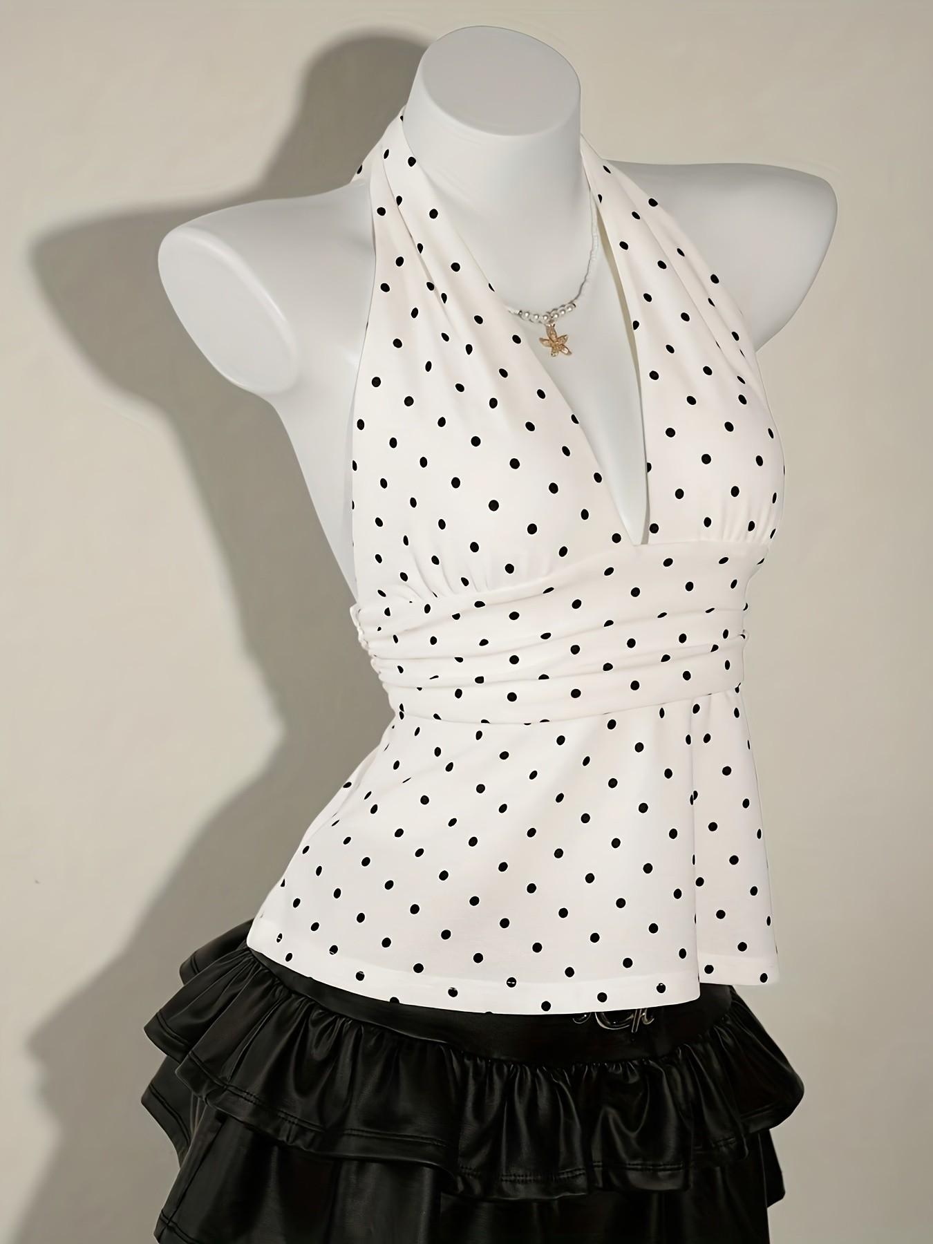 Summer Fashion New V Neck Polka Dot Tie Front Top Shirt, Elegant Backless Slim Fit Vacation Style Sexy Sleeveless Shirt