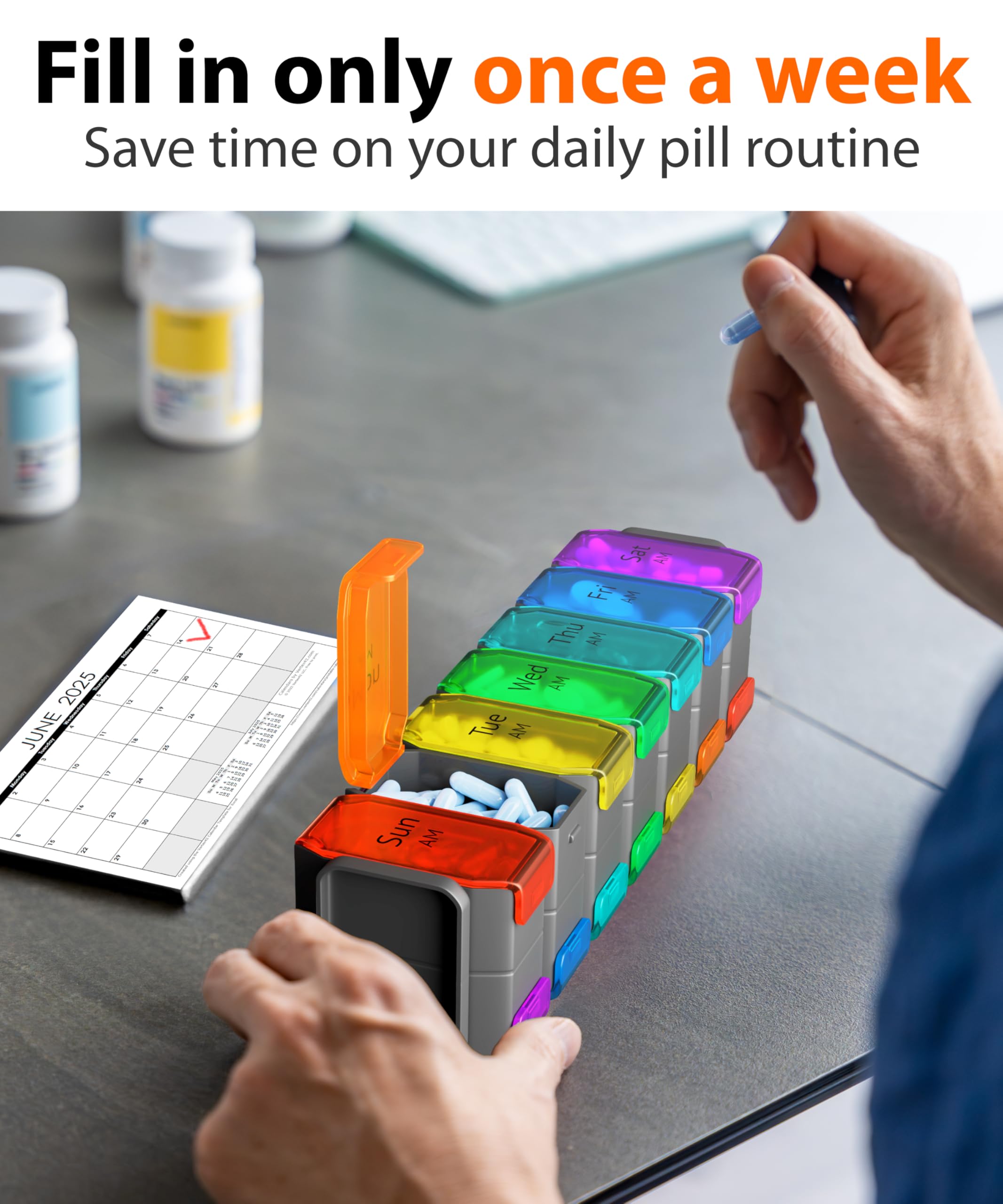Extra Large Pill Organizer 2 Times a Day – XL Pill Box 7 Day with Big AM/PM Compartments – Fits Large Vitamins, Supplements & Gummies, Vitamin Dispenser, for 7 or 14-Day Use, Color-Coded, Senior-Friendly, No Spills, Medicine Organizer