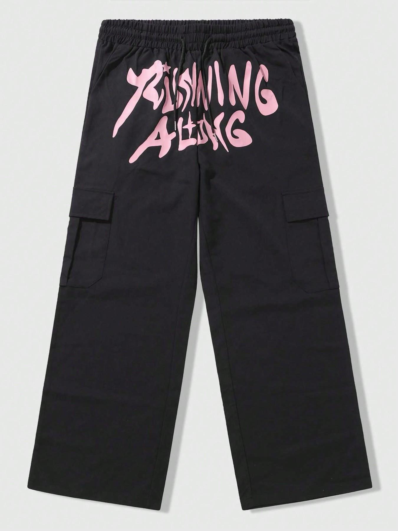 "Men's Black Pink Graffiti Graphic Wide Leg Cargo Pants | Y2K Streetwear Drawstring Casual Trousers for Daily Wear"