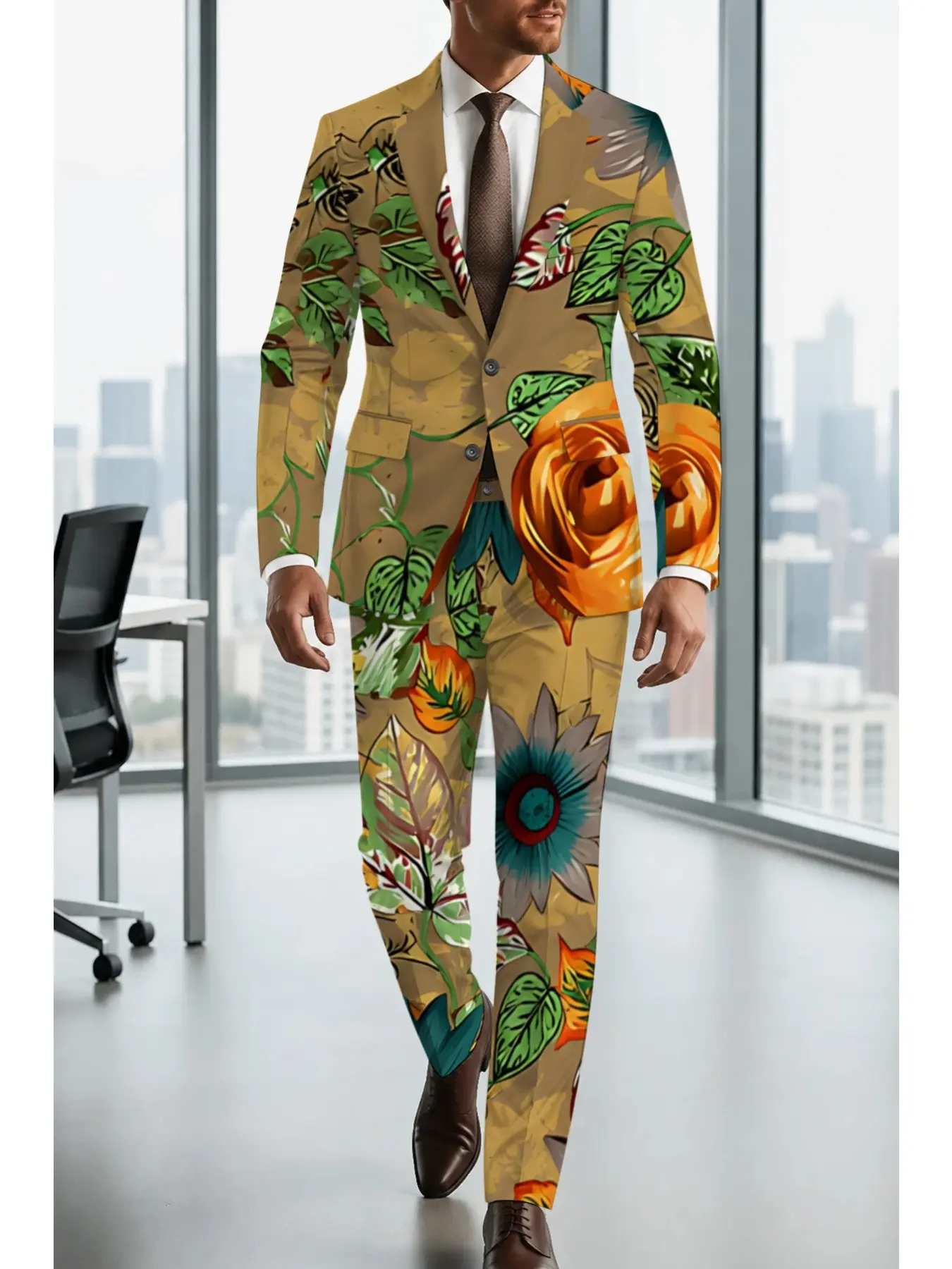 Vintage Oil Painting Floral Art Print Slim Fit Blazer Set, Elegant Earthy Tone with Rich Flower Patterns, Ideal for Fashion Bloggers and Theme Parties