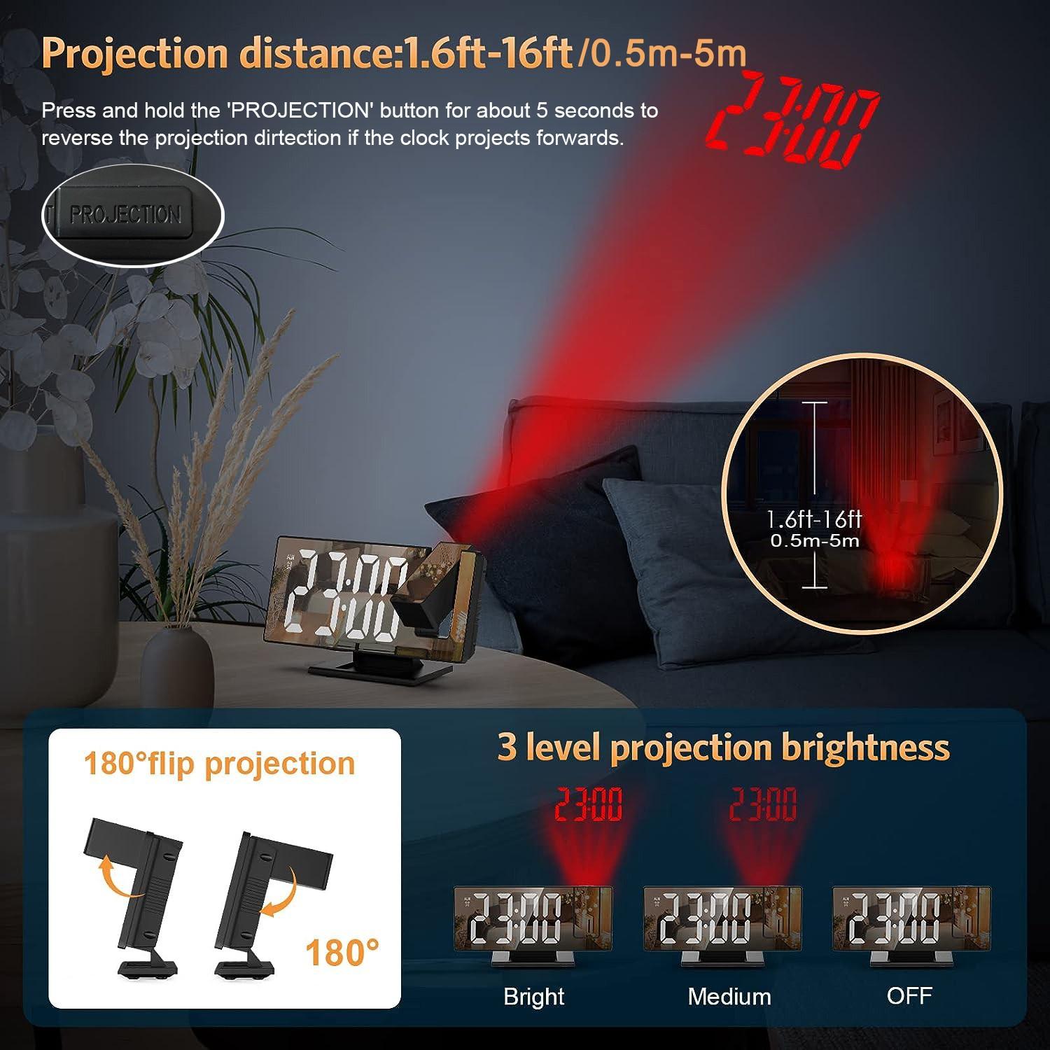 Digital Alarm Clock Projection for Heavy Sleepers, Electronic Mirror Clock with Large LED Screen, 12/24h Temperature Display