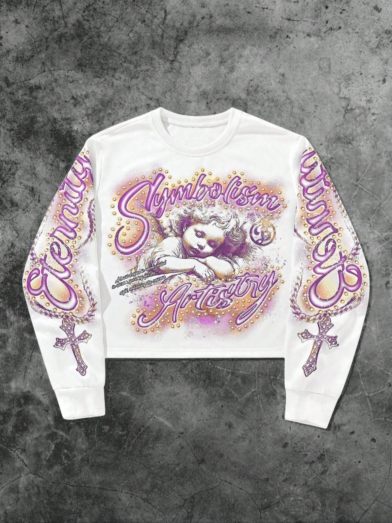 Men's Graphic Sweatshirt with Letter and Cross Print, Loose-Fitting Fall & Winter Pullover, Casual Angel Design Long Sleeve Top