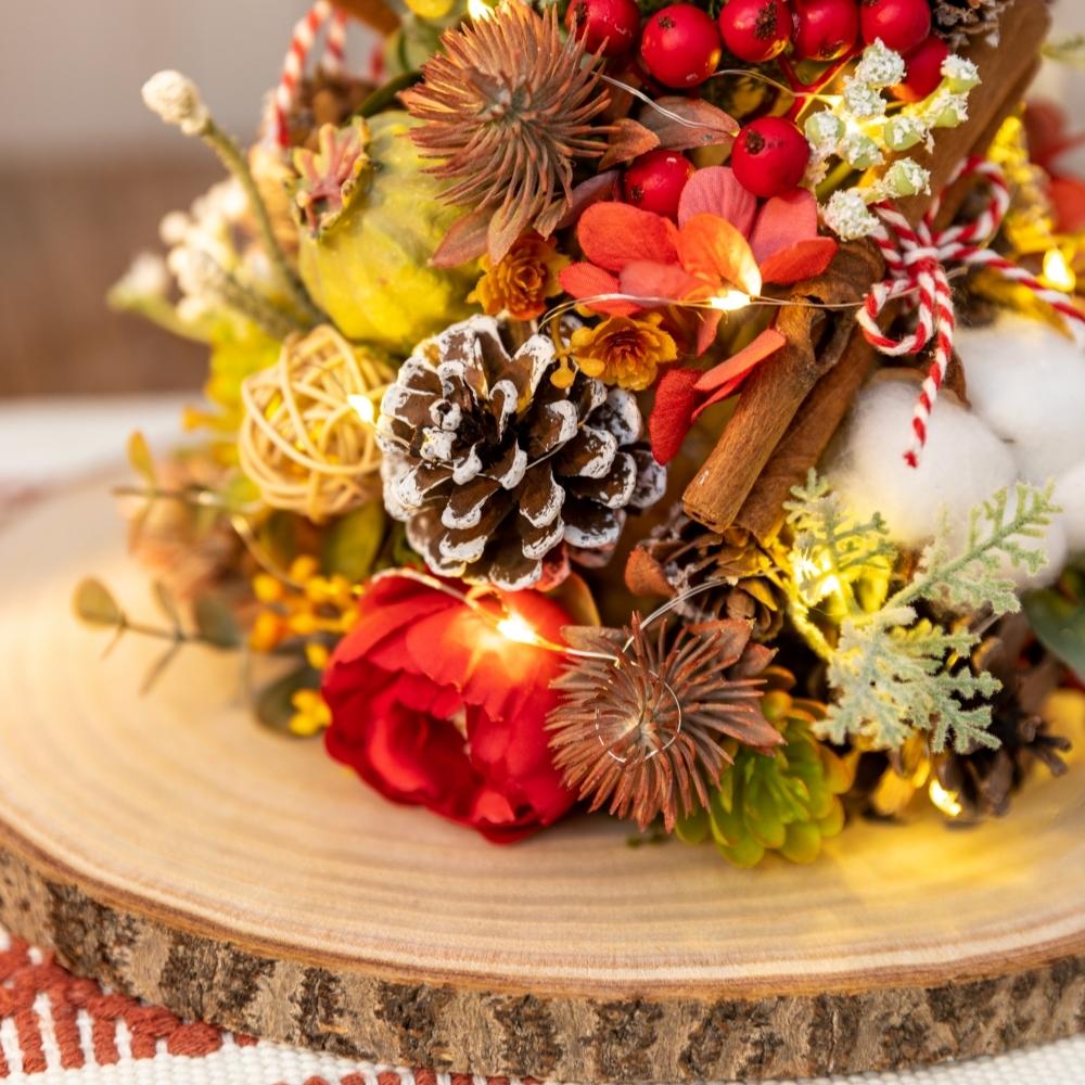 Fall Vintage Artificial Christmas Tree Ornament, Artificial Flowers with Wooden Base, Christmas Decor, Fake Plants, Home Room Office Decor, for Holiday Autumn Thanksgiving Christmas Party Decor, Coffee Shop Atmosphere Decor, Does not include light strings