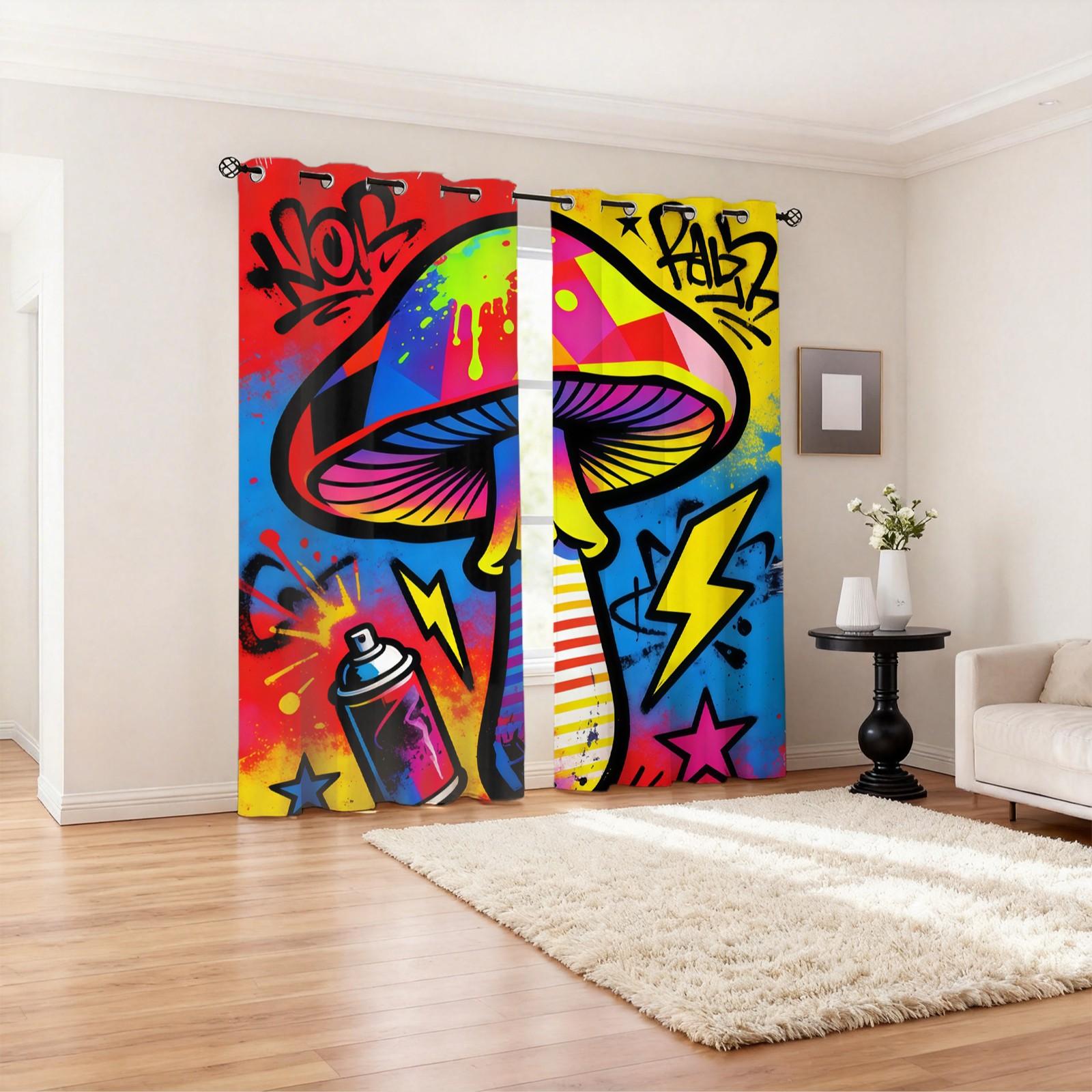 Lightning Mushroom Pattern Curtain Set, 2 Pieces, Ideal for Living Room, Balcony, Bedroom Windows, Perfect Home Decor for Seasons and Holidays