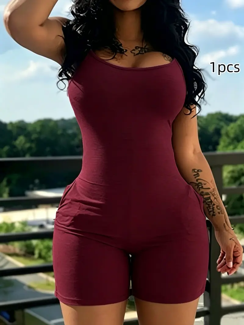 Fashion Casual Women's Bodycon Romper Plain Slim Fit Pocket Sleeveless Adjustable Strap Short Jumpsuit