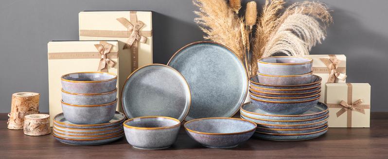 vancasso PLAYA Plates and Bowls Sets, 18/24 Pieces Grey Dinnerware Sets for Kitchen, Reactive Glaze Dishes Set for 6, Dishwasher and Microwave Safe