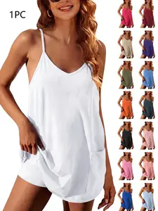 Effortless Chic Pocketed Lightweight Spaghetti-Strap Romper, Loose-Fit U-Neckline, 15 Colors, Multiple Sizes, Perfect for Daily Lounging & Beach Outings