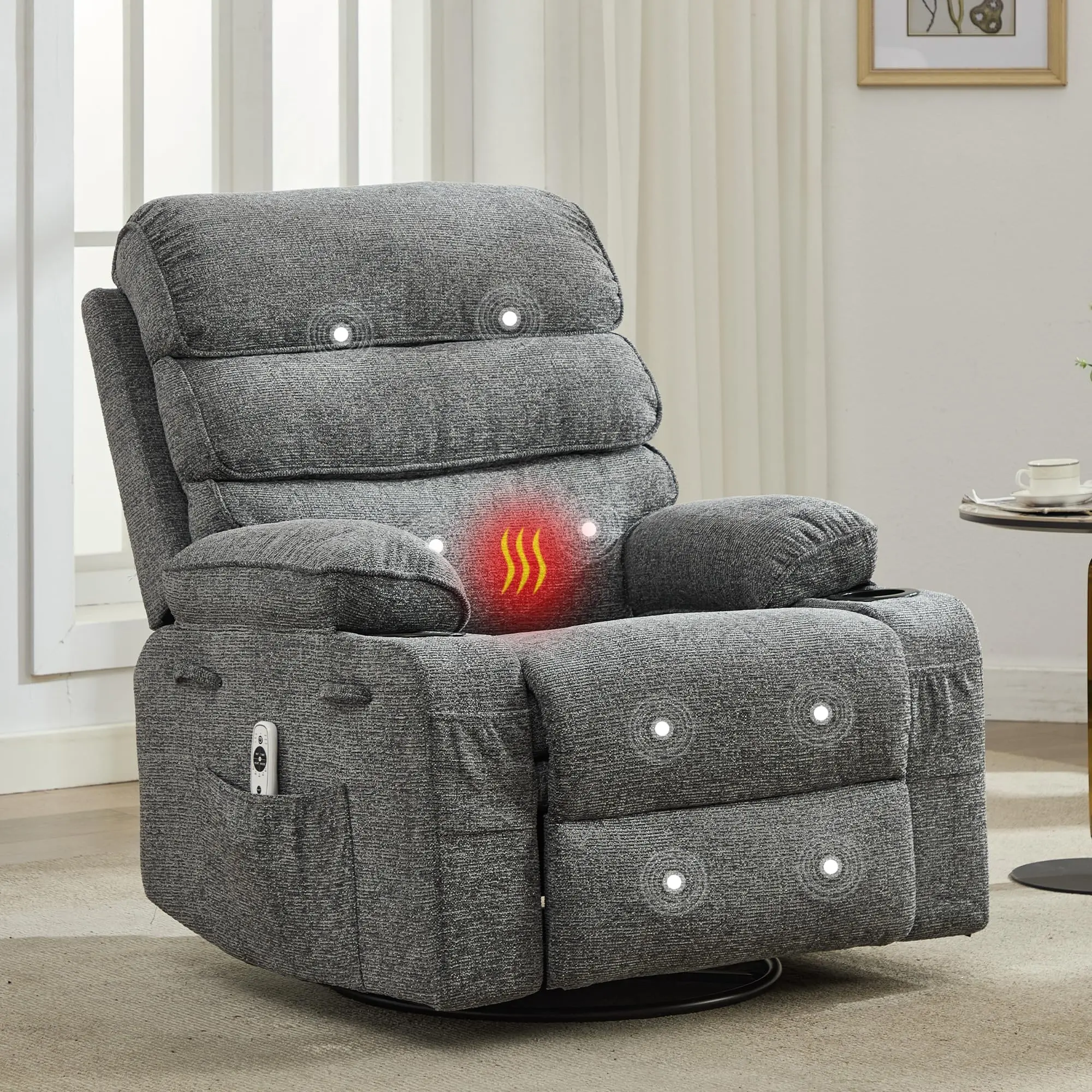 360° Swivel Glider Rocker Recliner with Massage & Heat, Linen Manual Nursing Chair with Vibration & Cup Holders for Living Room, Gray