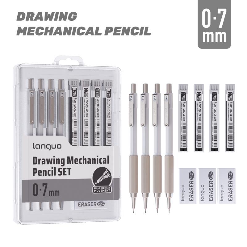 Metal Mechanical Pencil Set,Retractable pen tip,Anti-break core,4PCS Art Drafting Pencils0.3, 0.5, 0.7, 0.9MM with 80PCS Leads Refills 3PCS Erasers Case for Writing Sketching Drawing
