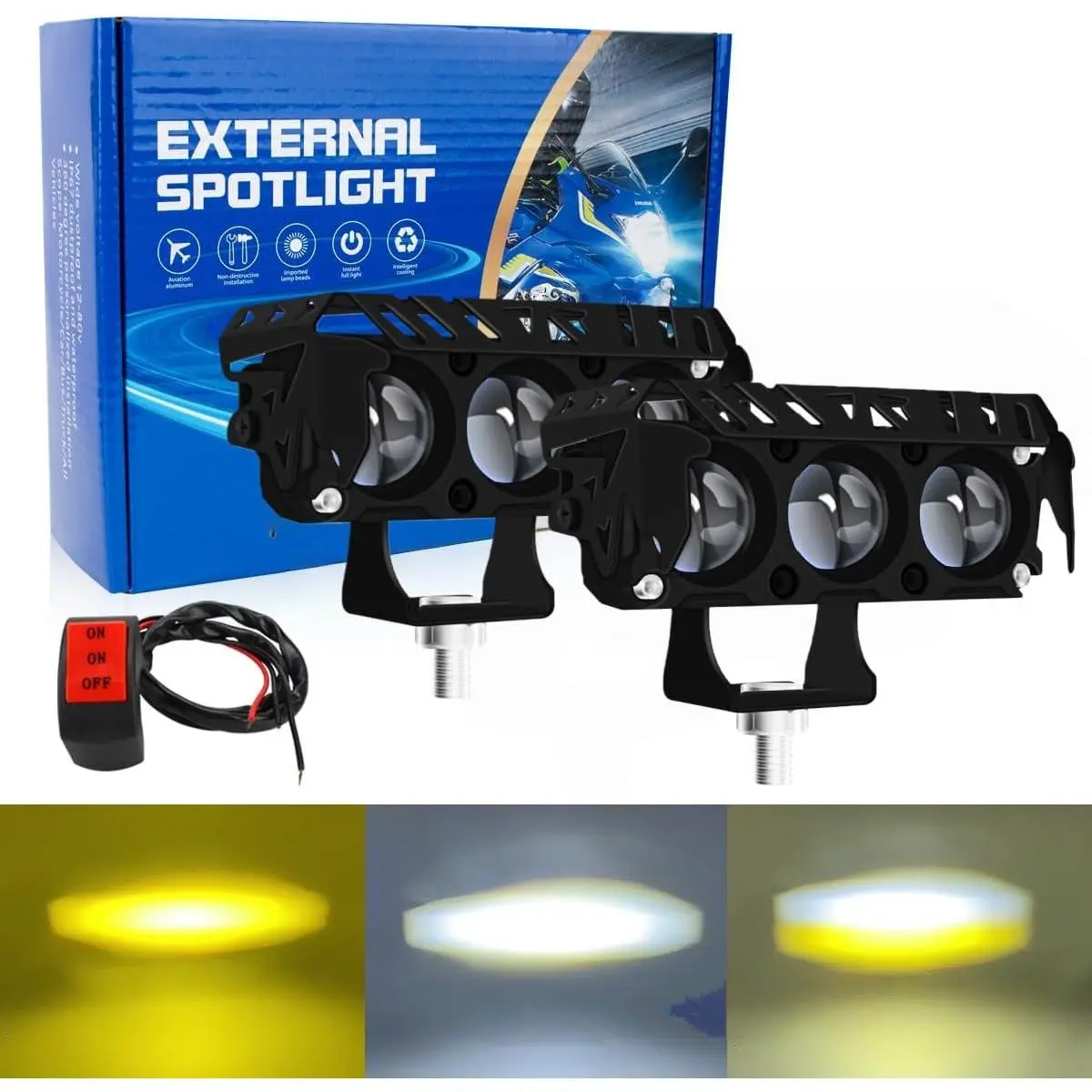 High Brightness 3-Eyed LED Spotlight Combo Set - 2 Pieces Yellow&White Dual-Beam External Car Lights, Off-Road Fog Driving Lamp with Switch for Pickup/ATV/SUV Boat Outdoor Work, Sohochic