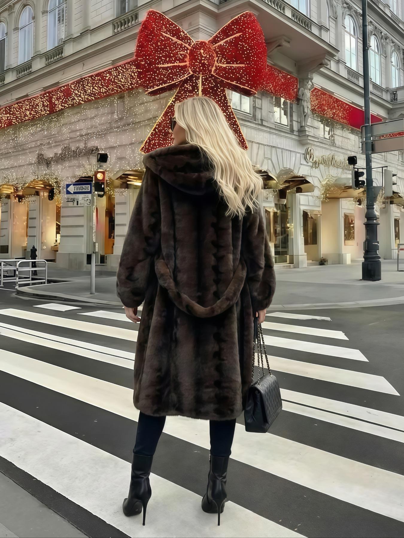 Women's Faux Fur Coat, Winter Fashionable Casual Long Sleeve Jacket, Retro Hooded Loose Fit Medium-Length Outerwear for Daily Wear