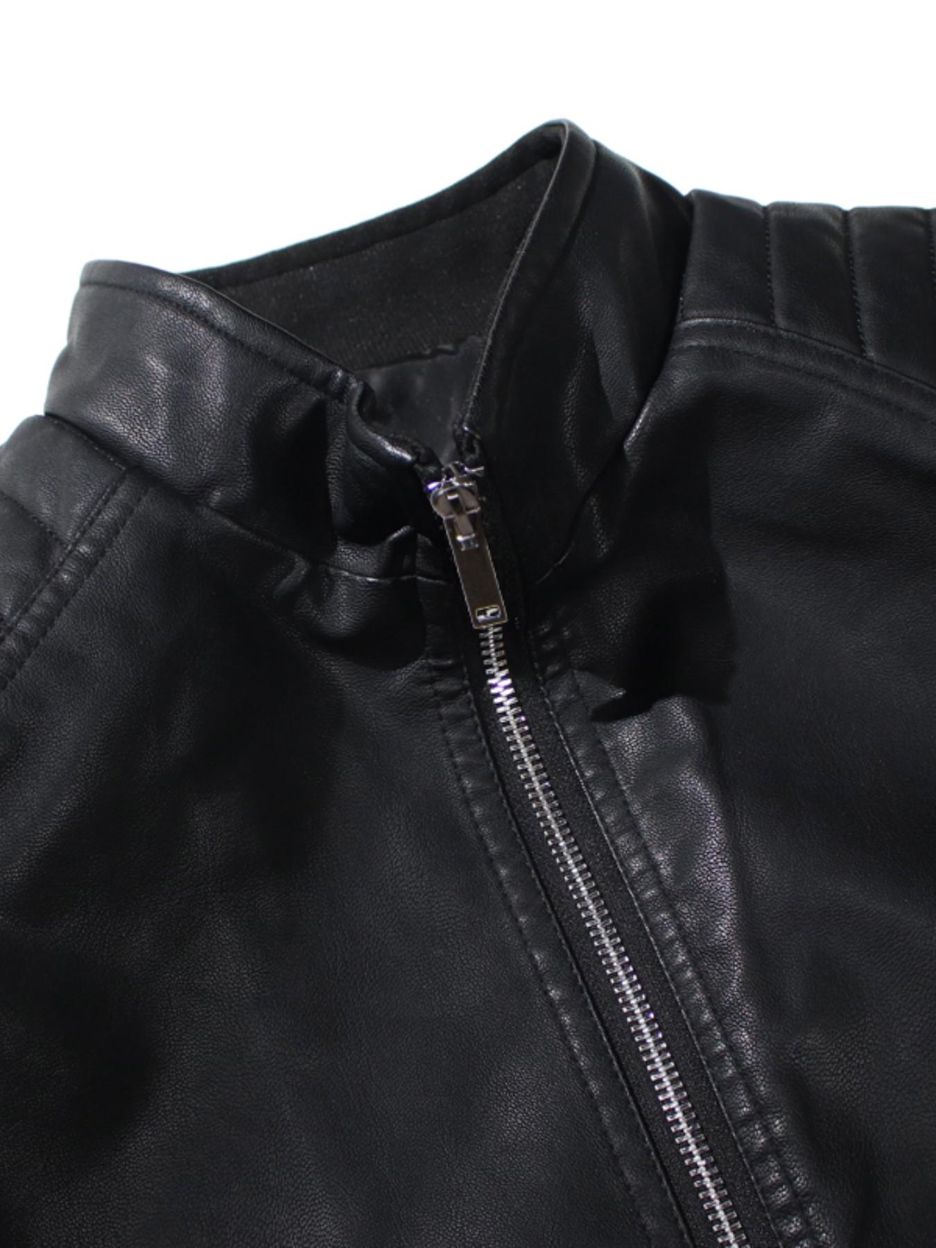 Men's Stand Collar Slim-Fit Faux Leather Motorcycle Jacket, Zip Closure, Long Sleeve, Casual Spring Fall Outerwear, Windproof PU Coat