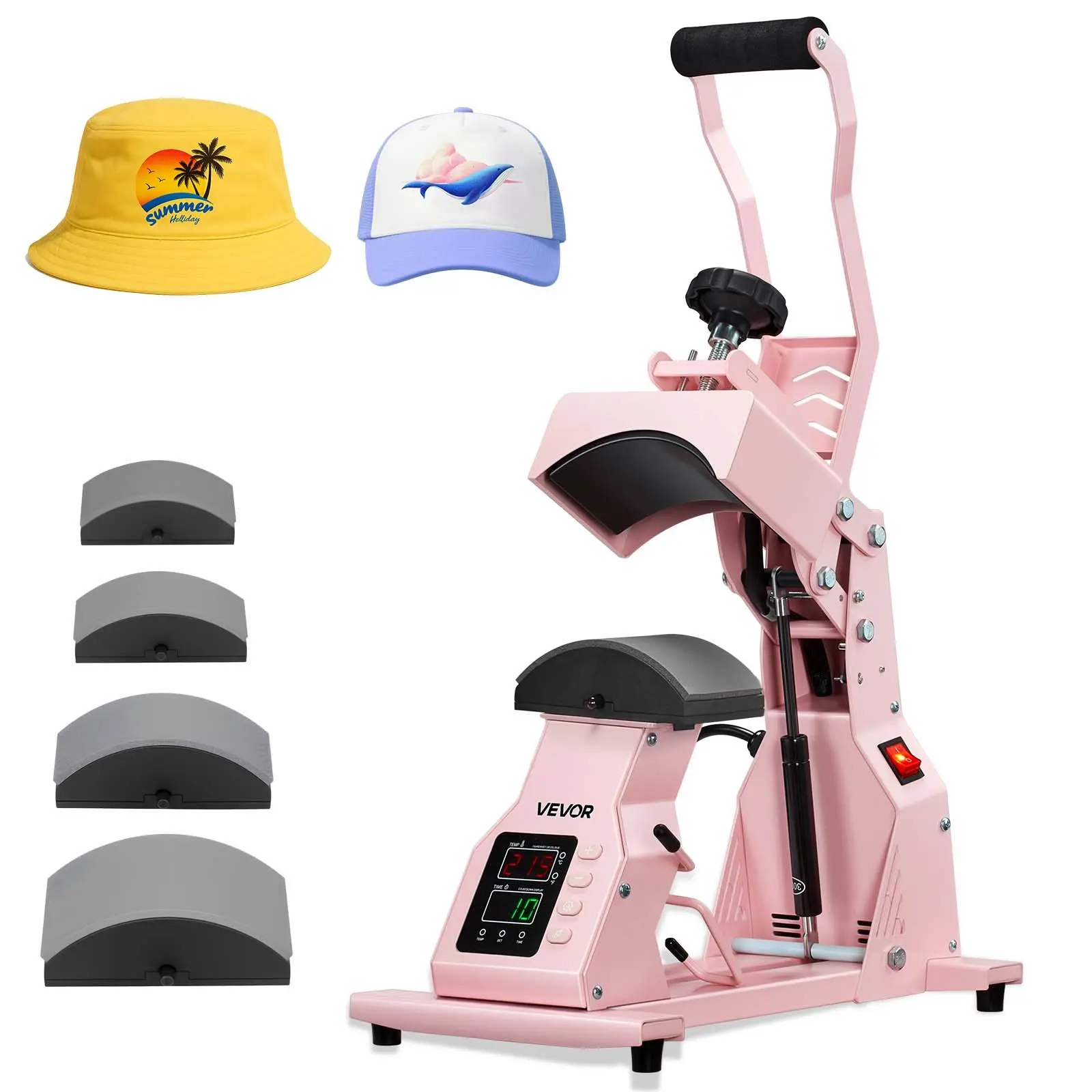VEVOR Hat Heat Press Machine with 4-Piece Interchangeable Platens Set, Precise Temperature & Time Control, HTV Printing Tool for Crafters, Caps/Headbands Projects, Pink