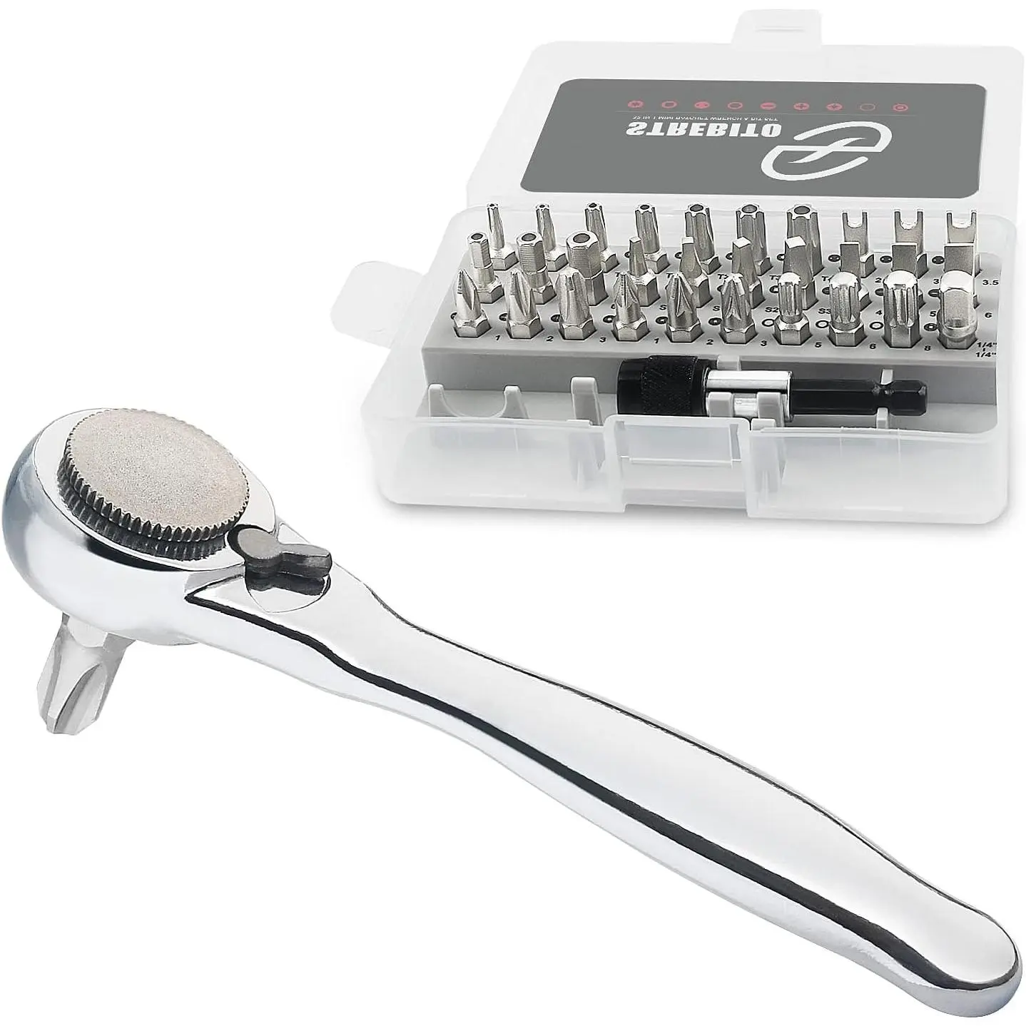 Angle Screwdriver 32-Piece 1/4 Inch Mini Ratchet Set |   Low Offset Screwdriver Bit Set with 72-Tooth Ratcheting Wrench Stubby Ratchet 90 Degree Screwdriver for Small