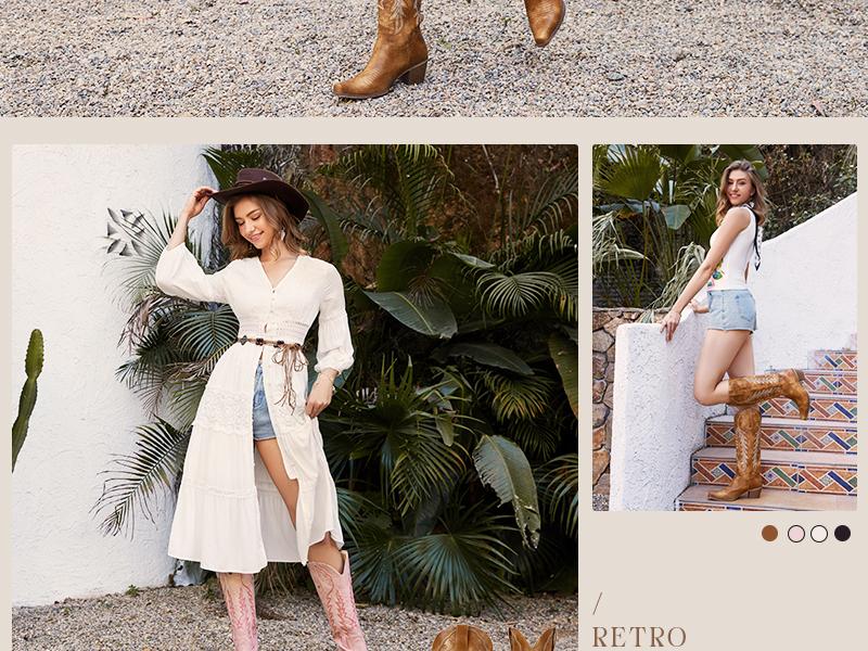 Wetkiss Cowboy Cowgirl Women Knee High  Boots Retro Embroidered Chunky Heels Pointed Toe Western Long Tall Boot Pull On Footwear Walking Shoes,Women's Shoes,Women's Boots  #TikTokShopStockUp