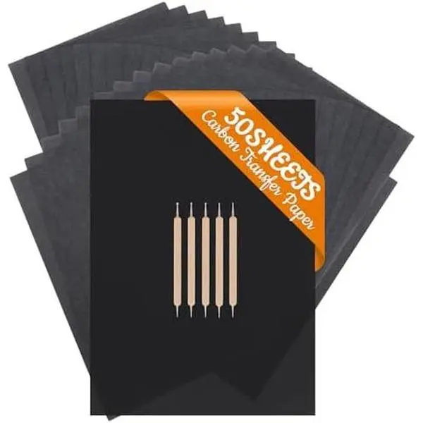 Carbon Paper for Tracing, 50 Sheets, A4 (8.3 x 11.7 Inch), Black | Graphite Transfer Paper, No-Smudge, 5 Embossing Stylus, For , Fabric, Canvas, DIY Craft