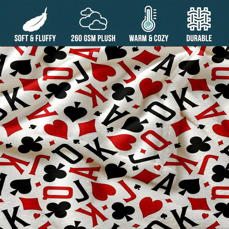 Trendy Poker Print Flannel Blanket, Soft and Warm, Anti-Pilling, Ideal for Naps, Camping, Travel, All Seasons Gift