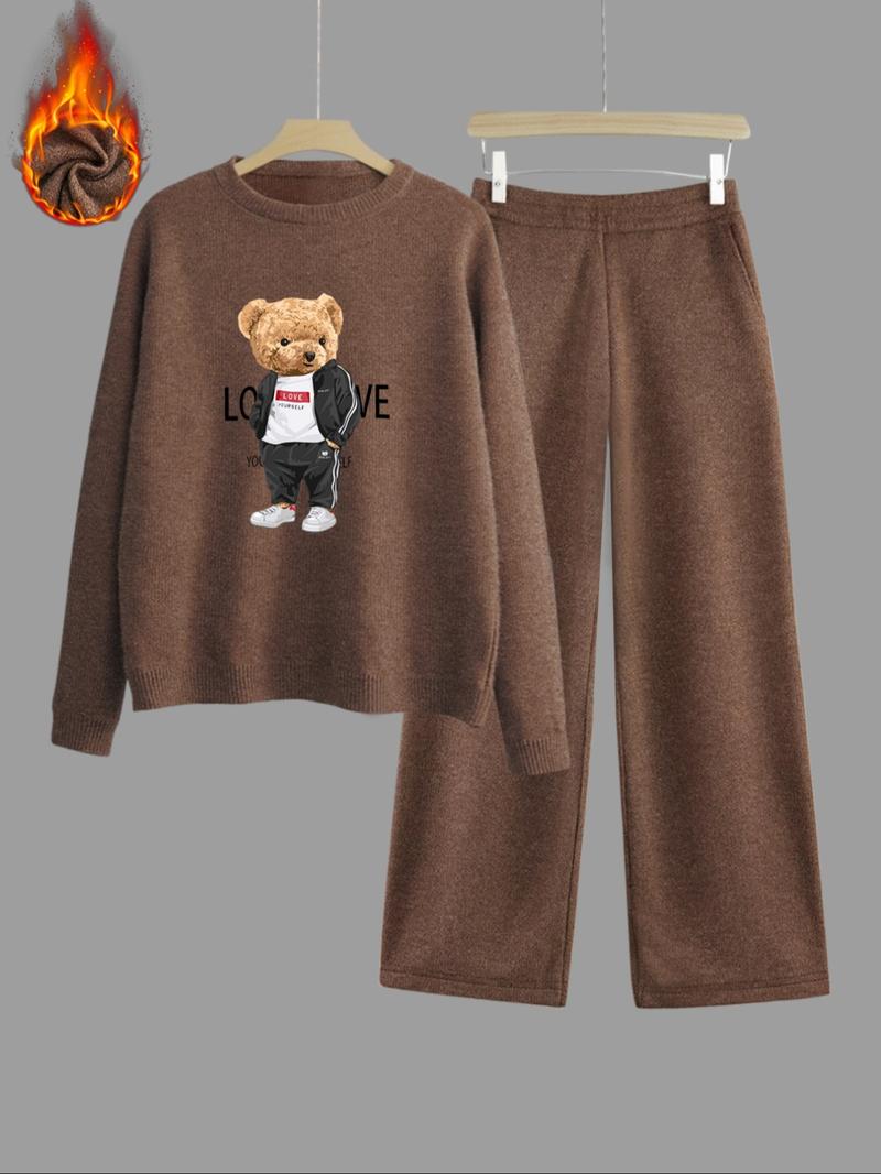 Women's Animal Print Thick Knit Sweater Set, Loose Fit Round Neck Long Sleeve Top, High Waist Straight Leg Pants, Casual Fall & Winter