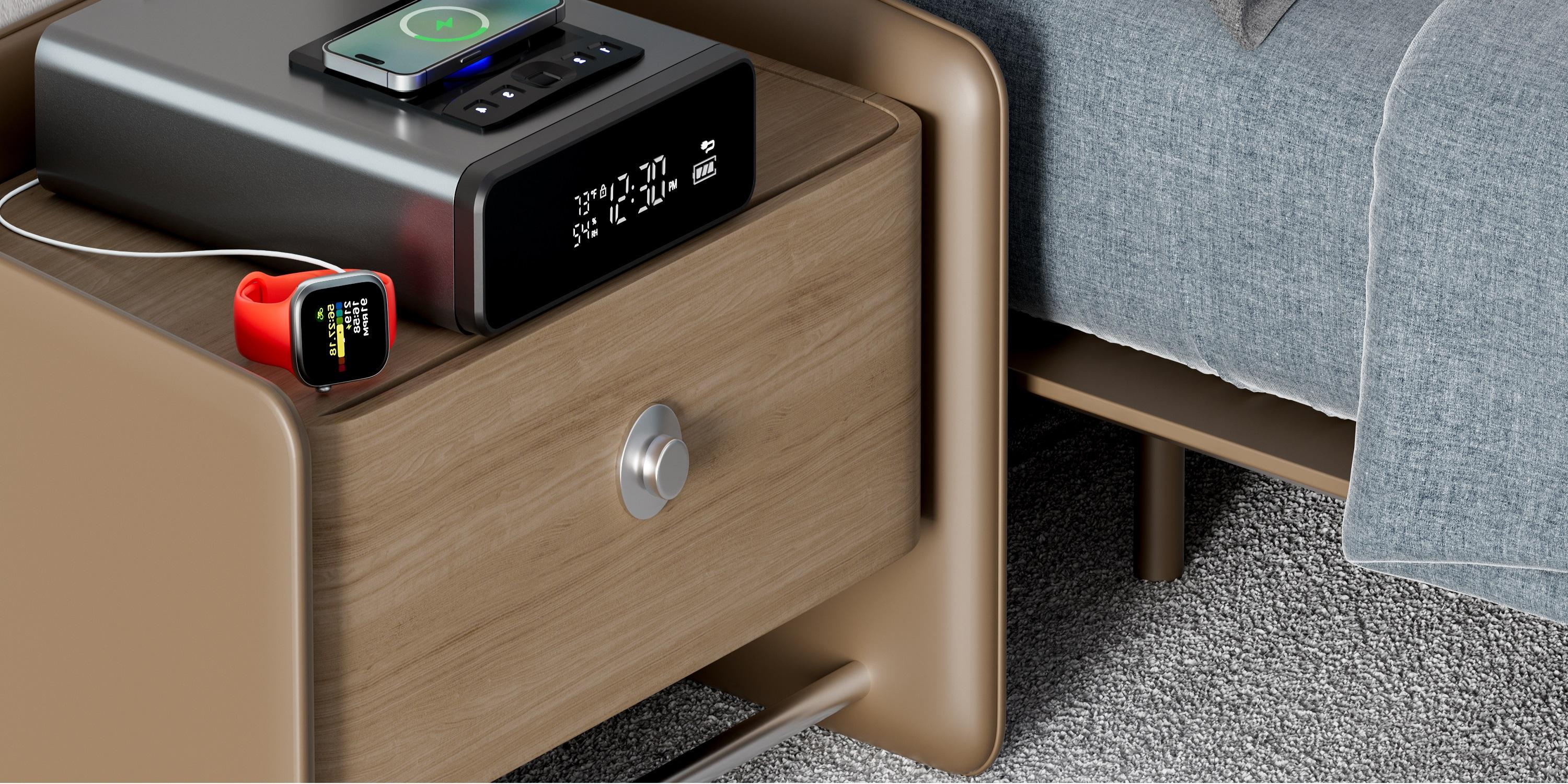 Grimtron Biometric Safe with LED Clock (Doj Certified)with 2-in-1 Watch & Phone Wireless Charging, BacklitKeypad, LED Light, Desk Nightstand Auto Pop-up Unlock(0.23 cu.ft.) Version 2.0