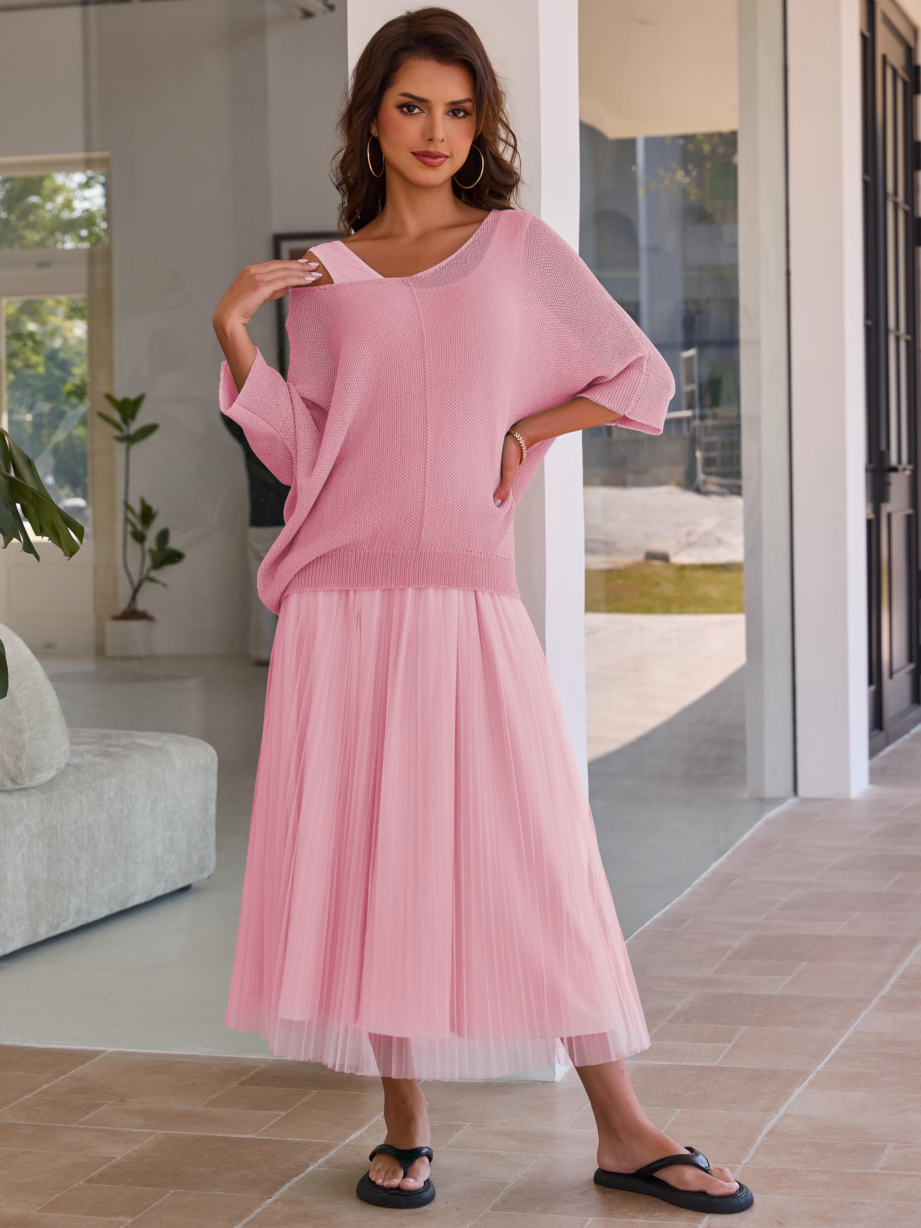 JOYFUNEAR Women's Solid Color Knit Top & Mesh Dress Two-Piece Set - Basic Black Elastic Fabric Loose Fit for Daily Outdoor Wear JOYFUNEAR Women's Solid Color Knit Top & Mesh Dress Two-Piece Set - Basic Black Elastic Fabric Loose Fit for Daily Outdoor Wear