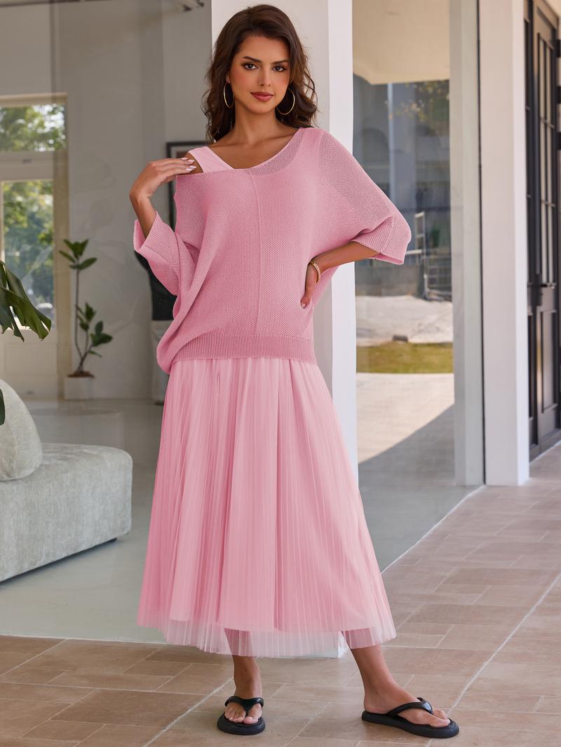 [US shipping]JOYFUNEAR Women's Solid Color Knit Top & Mesh Dress Two-Piece Set - Basic Black Elastic Fabric Loose Fit for Daily Outdoor Wear