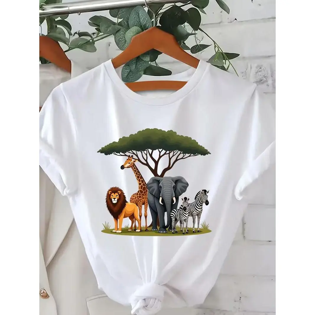 African Safari Wild Animals Graphic T-Shirt, Lion Elephant Giraffe Zebra Under Acacia Tree Tee, Gift For Zoo Wildlife Animal Lovers Men Women