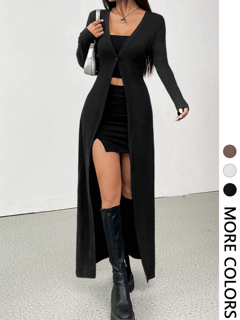 Women's Solid Color Long Casual Knit Cardigan, Single Button Fitted Sweater for All Seasons, Plain Pattern, Moderate Fabric Thickness