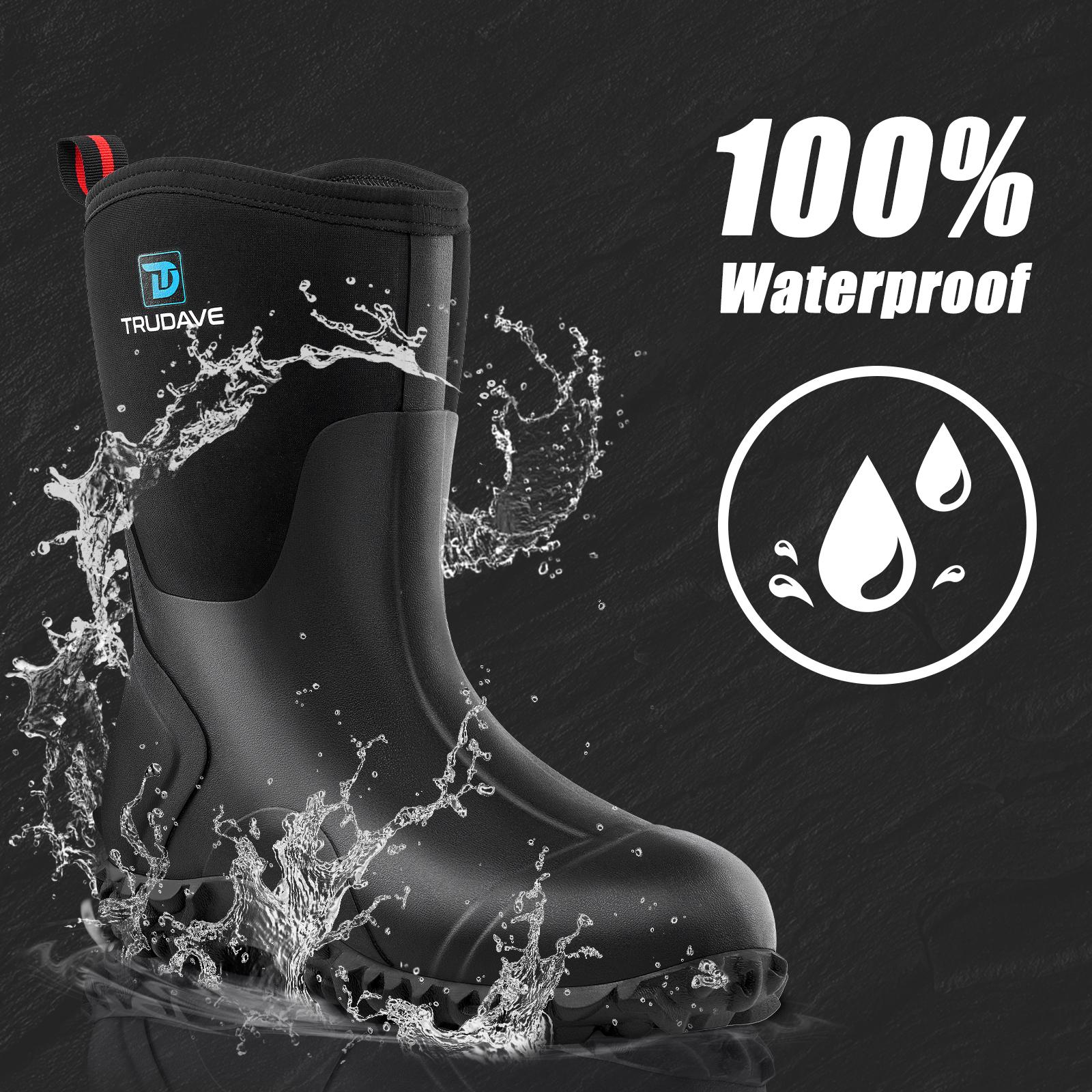 Trudave Rubber Boots for Women, Mid Calf Rain Boots with Steel Shank, Waterproof 6mm Neoprene Insulated Mud Work Boots Black Footwear