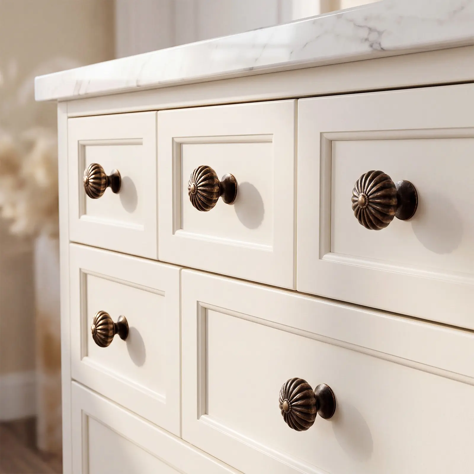 6-Piece Vintage Pumpkin Cabinet Pulls, Antique Bronze Drawer Handles, Solid Zinc Alloy Decorative Knobs for Kitchen Bathroom Closet