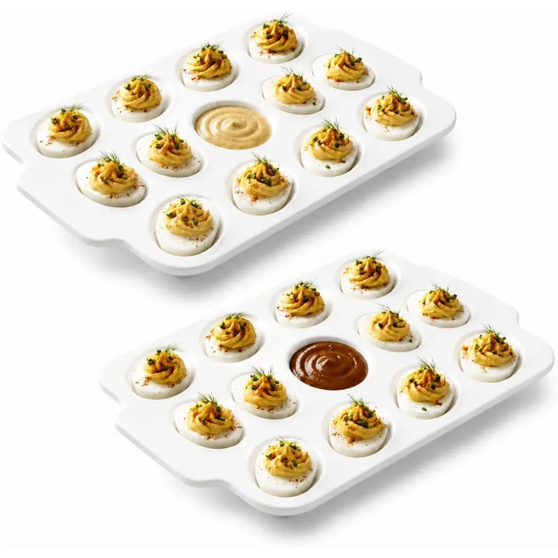 Ceramic Deviled Egg Tray 12 Slots + Sauce Center, 12 Inch for Easter Party
