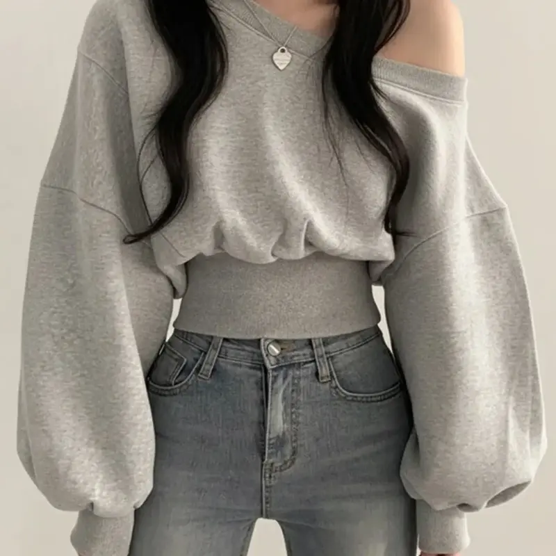 Women's Japanese Style Casual Loose-Fit Hoodie, Casual Sweatshirt, Plain Color Asymmetrical Neckline Pullover, Casual Pullover Tops, Fall & Winter Fashion, New Arrival