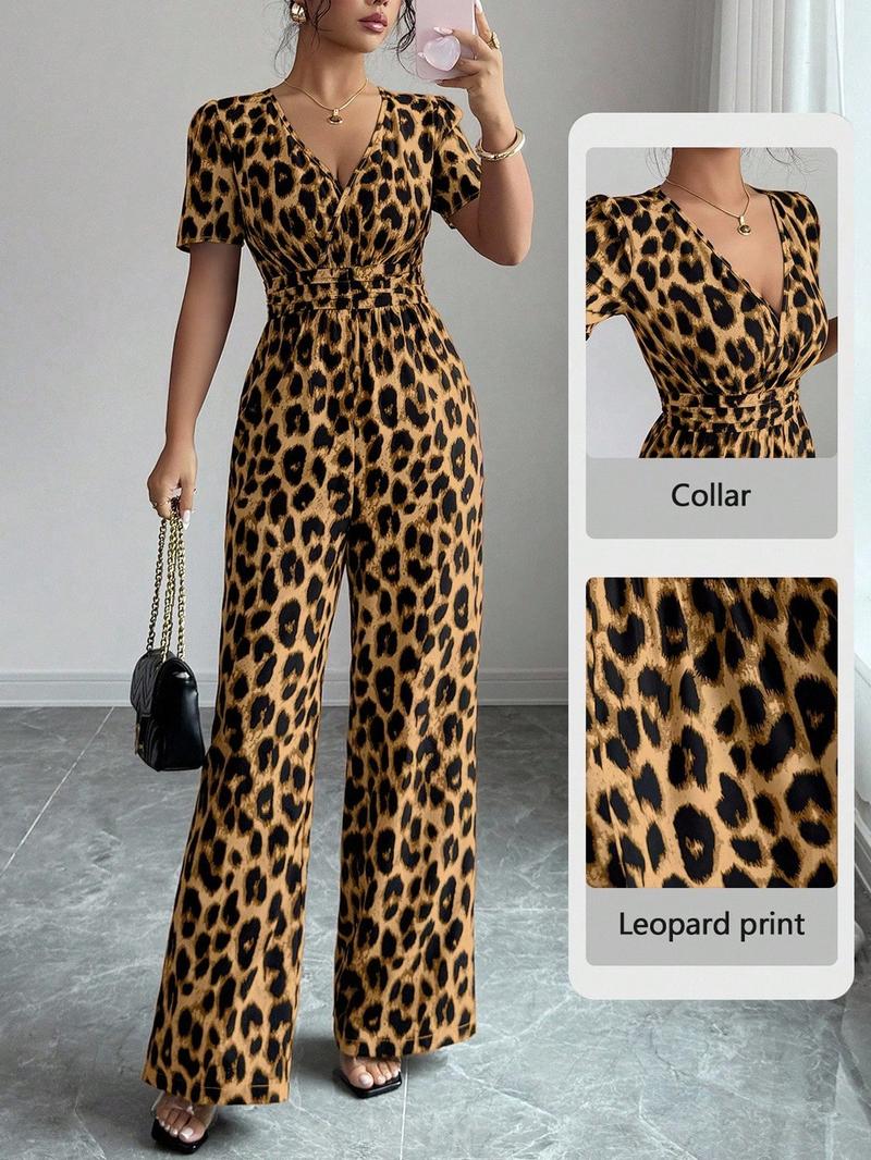 Women's Leopard Print V-Neck Jumpsuit Y2K, Waist Cinched Pleated Design, Wide Leg, Comfortable Fitted Fabric, Perfect for Dates and Outings