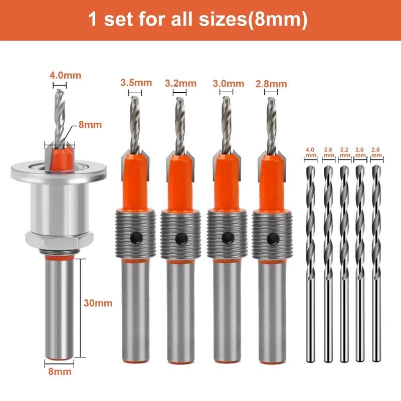 Countersink Drill Bit Set 5Pcs(2.8/3.0/3.2/3.5/4mm), Woodworking Countersink Drill Bits with Adjustable Bit Depth Stop for Wood.(8mm Countersink Diameter)