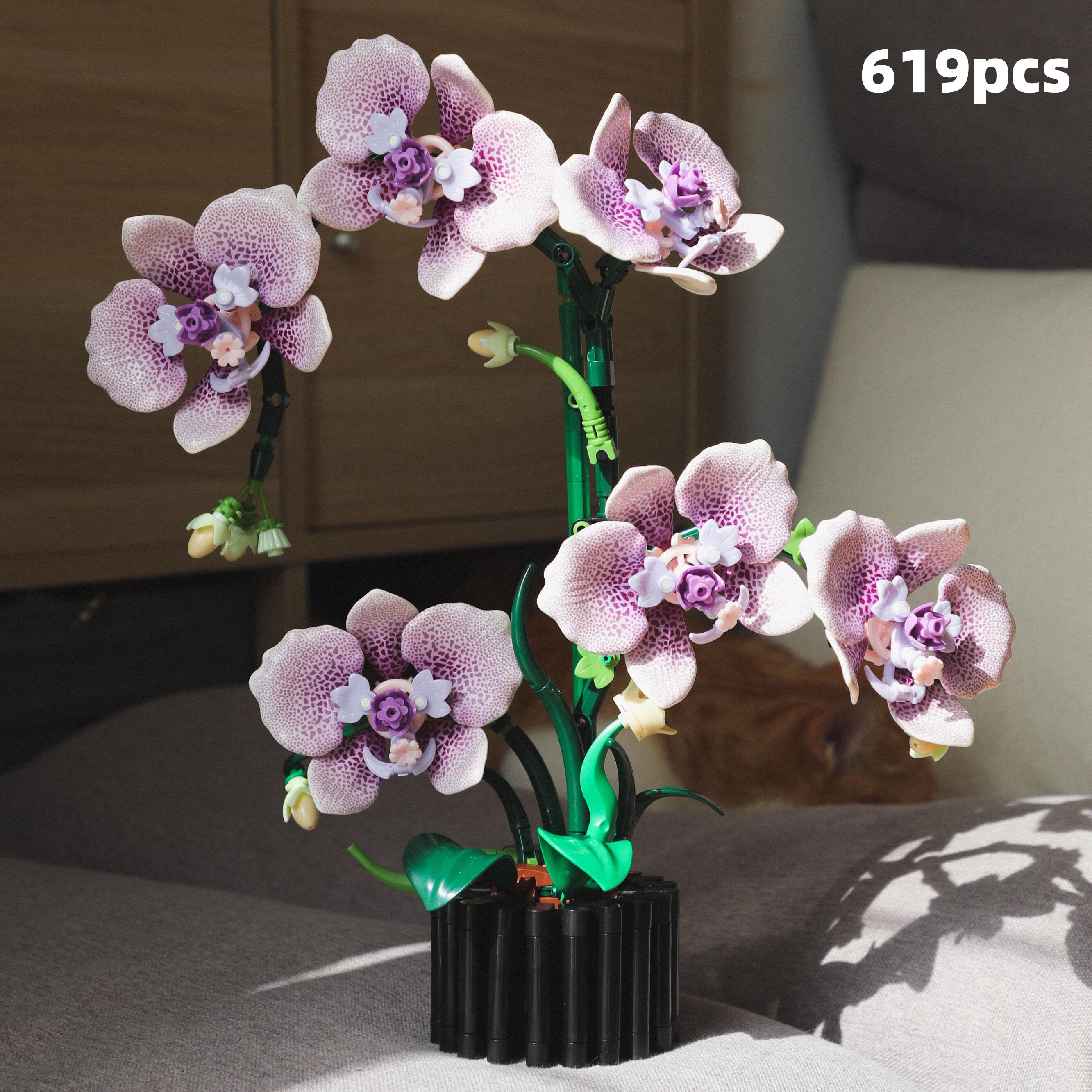 619pcs Orchid Building Block Set, Flexible Petal Joints Adjustable Angles, DIY Orchid Plant Kit, Adult Version, Home Decor Gift