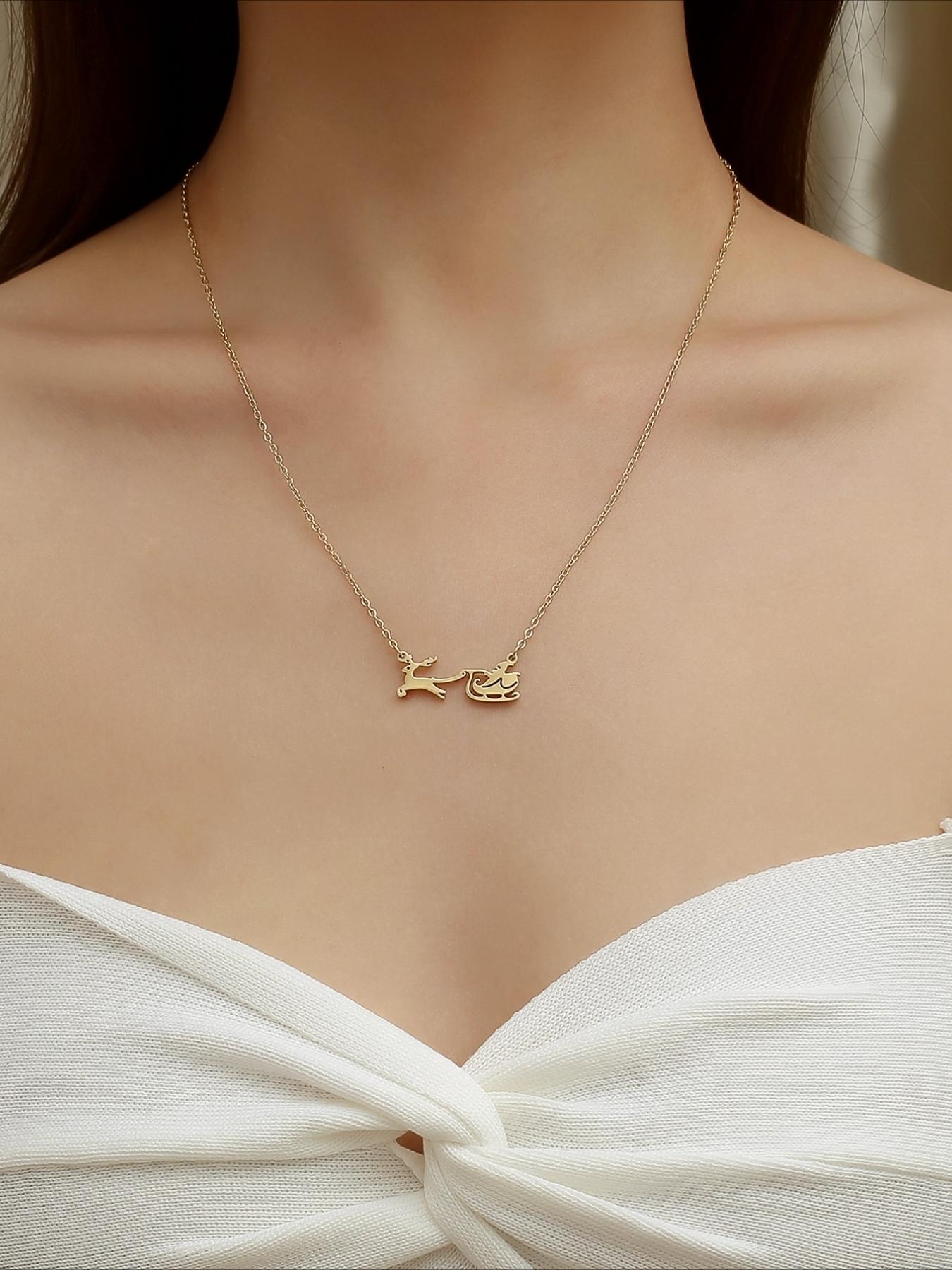 Santa Claus Elk Sled Pendant Necklace, Stainless Steel Non Fading, Personalized Versatile Accessory, Christmas Accessories