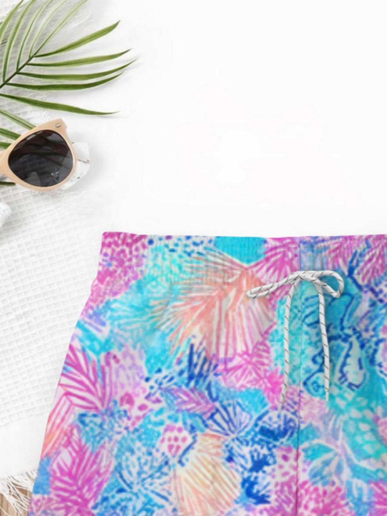 Summer Kids Dreamy Blue Tropical Plant Print Drawstring Beach Pants, Boys Loose Fit Coastal Vacation Swim Shorts, Casual Slim-Fitting Style