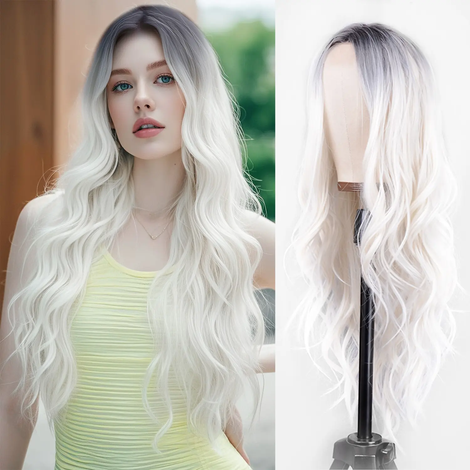 Zabiu Long White Wig for Women 26 Inch Long Wavy Wig Middle Part Natural Looking Synthetic Heat Resistant Wig with Dark Roots Balayage Culry Wig for Cosplay Halloween Daily Use