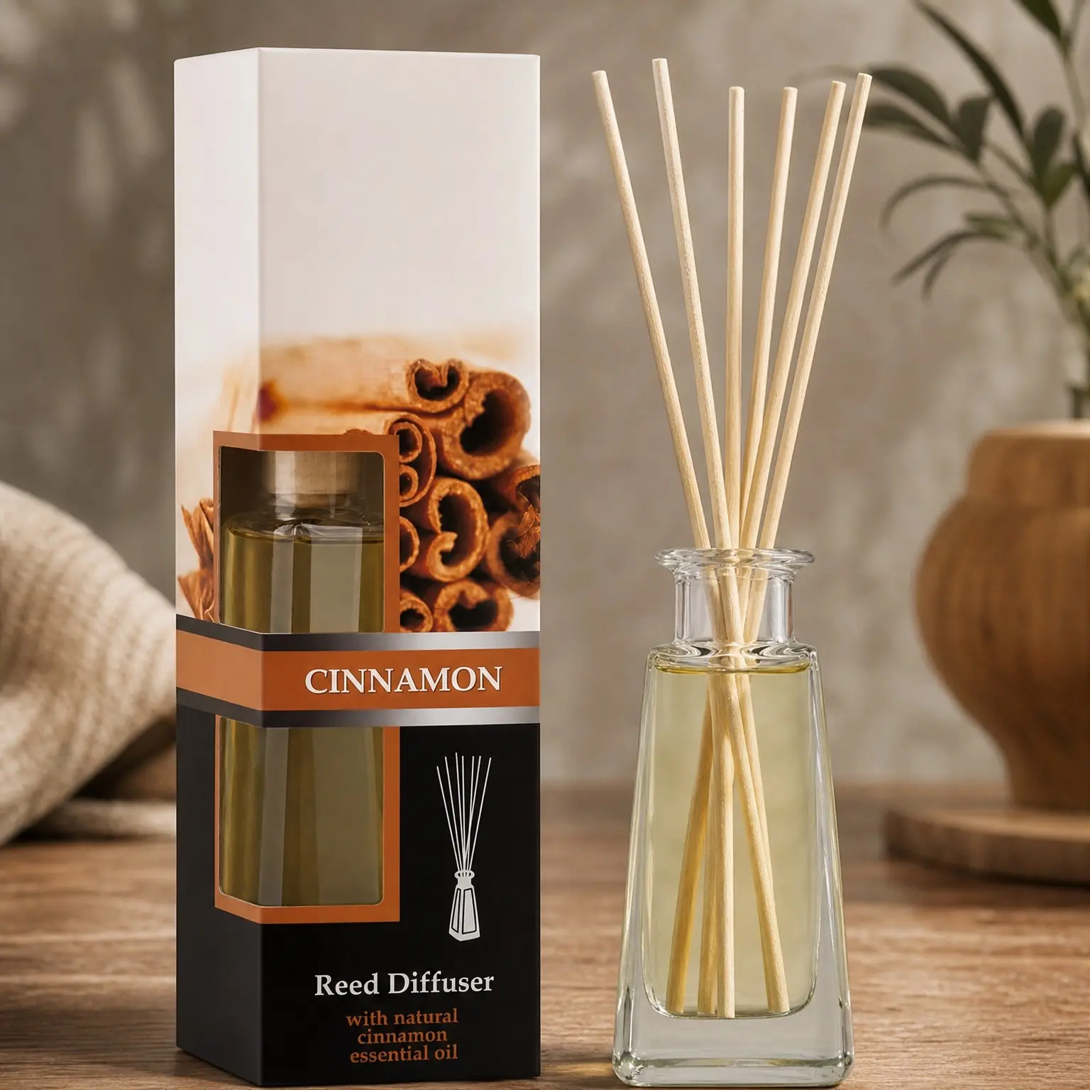 Cinnamon Reed Diffuser 3.4 fl oz (100ml) - Room Fragrance with Cinnamon Essential Oil - Aromatherapy Air Freshener - Scented Home Oil DiffuserGift