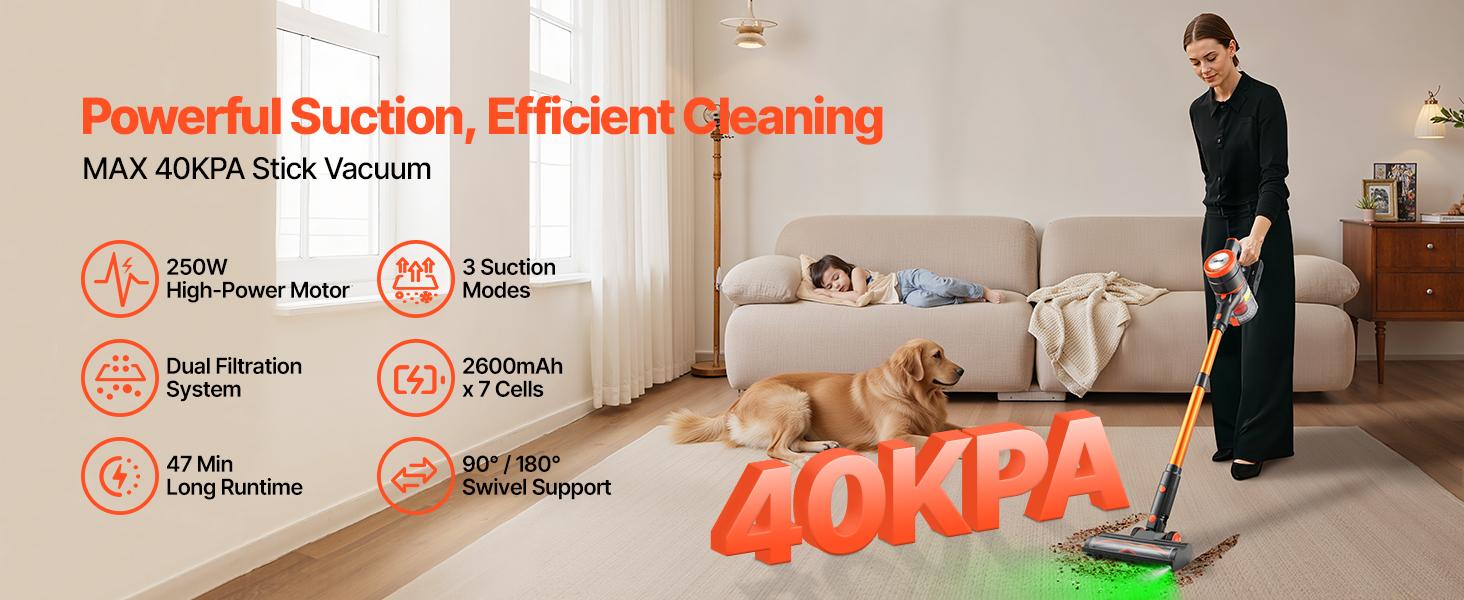 【Summerfinds】VEVOR Cordless Vacuum Cleaner, 40KPA Max Suction, Rechargeable Anti-Tangle Stick Vacuum with LED Display Screen, Lightweight Handheld Vac with 47mins Runtime for Home, Carpet, Pet Hair, Hard Floor