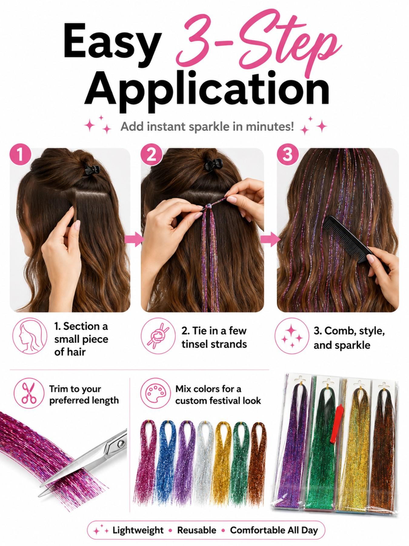14pcs Glitter Colorful Clip On Hair Tinsel Kit,Synthetic Fiber Hair,20 Inch Clip In Hair Tinsel Extensions,Sparkle hair extensions,Clip-on Hair Pieces,clip in hair accessories,Cosplay Party Festival hair extensions