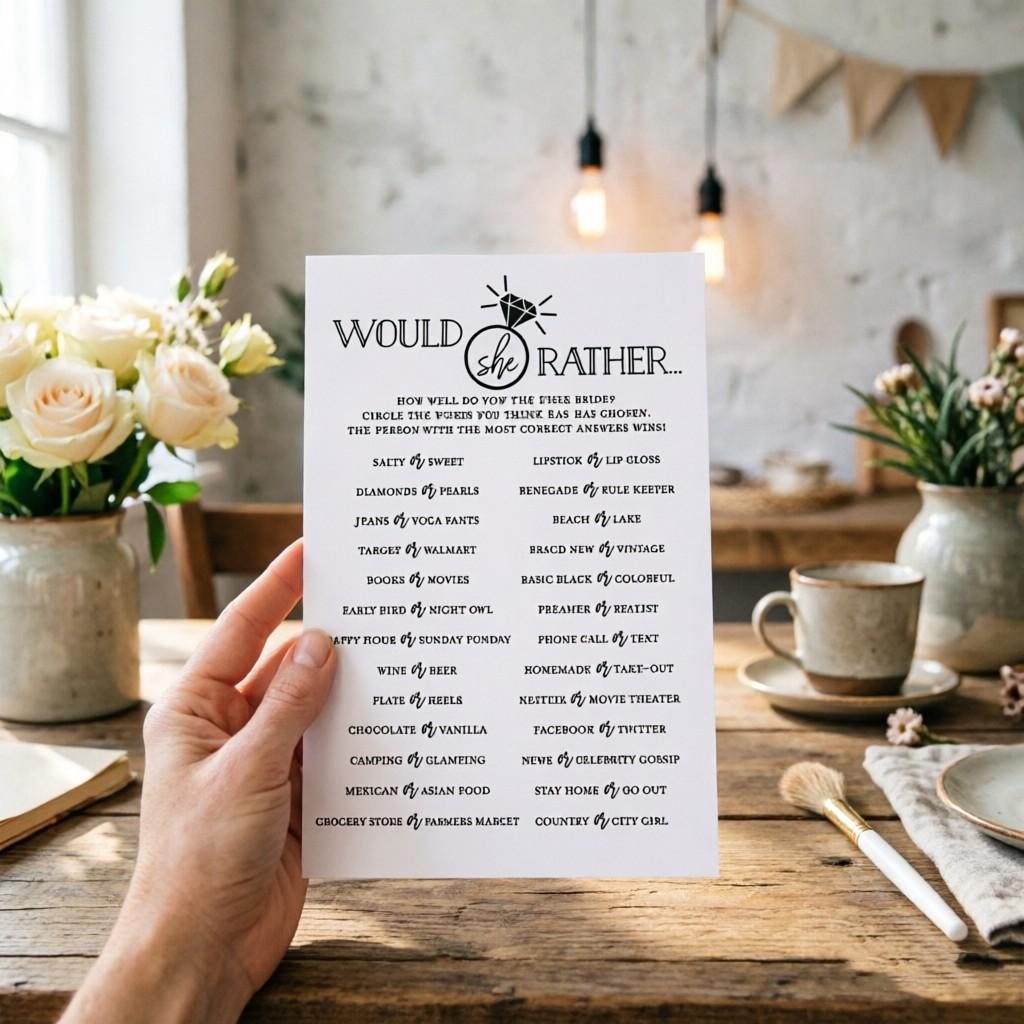 10 New Bridal Party Interactive Game Cards, Would She Rather Quiz Cards, Pre-Wedding Guest Entertainment, Single Party Fun Props