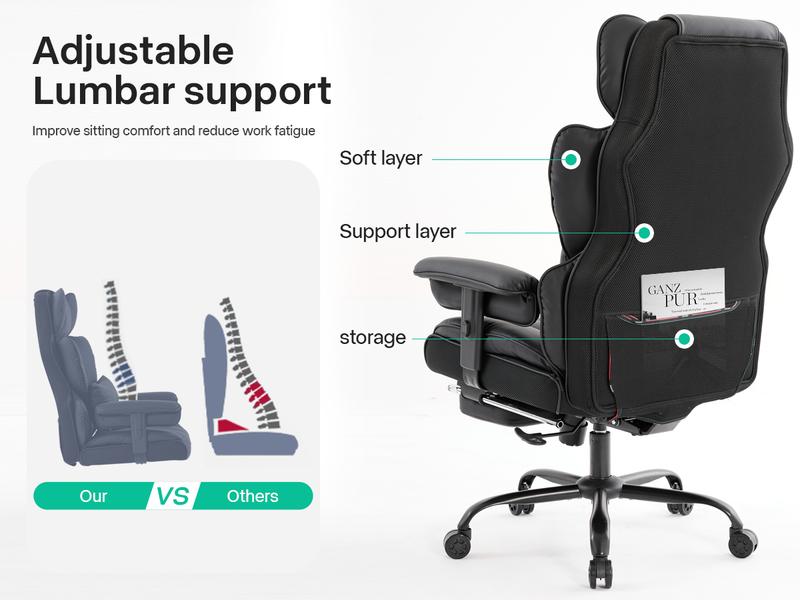 Gzagdecr Big and Tall Office Chair 400lbs PU Leather High Back Gaming Chair with Foot Rest Reclining Executive Ergonomic Office Chairs Lumbar Support Computer Chair Adjustable Armrests