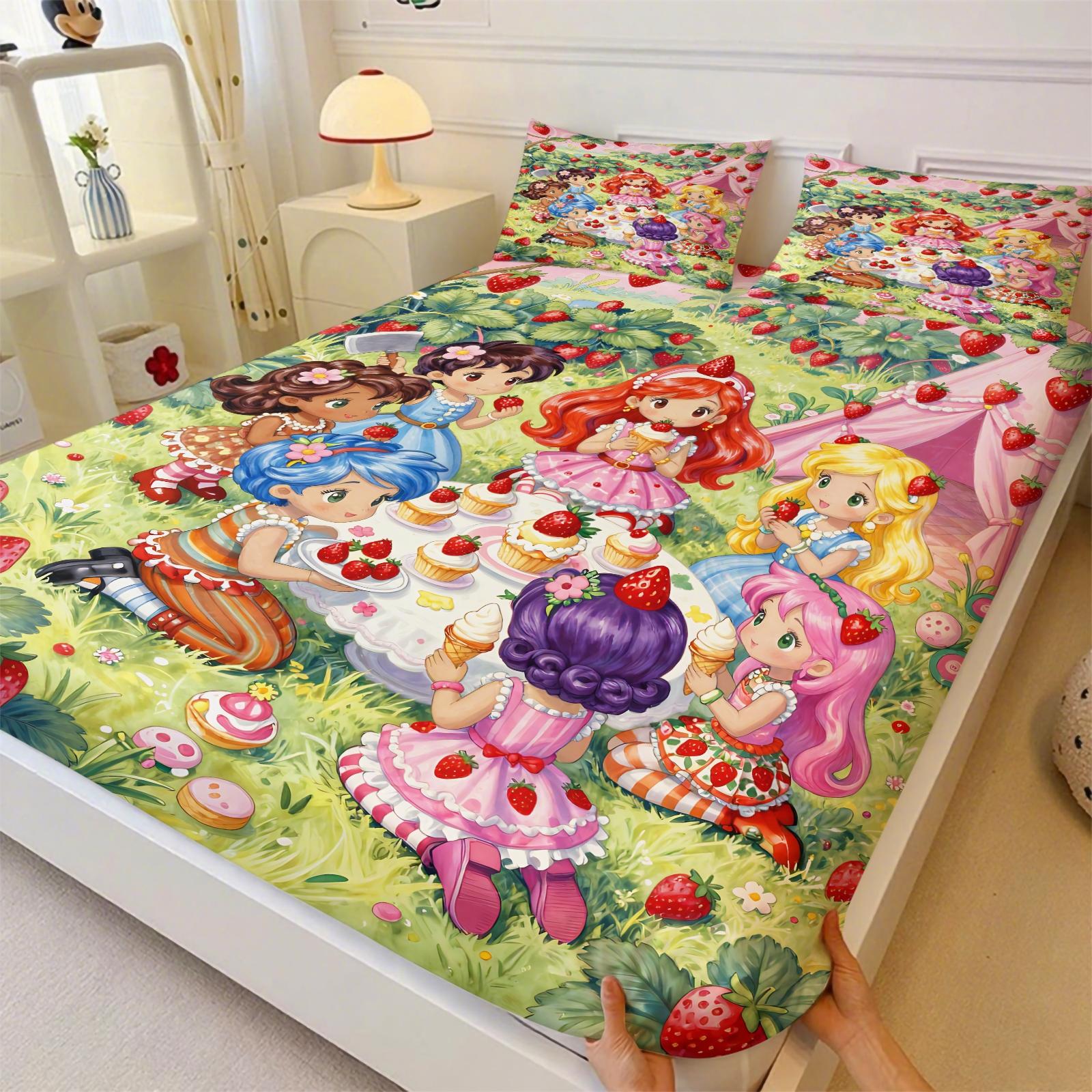 Strawberry Sweetheart Fitted Sheet Set and 2 Pillowcases No Core, Pink-White Checkered, Vintage Hand-Drawn Dessert Party Design, Soft Anti-Slip Bedding, Fairy Tale Girls Room, Kids Room Decor, Gift Choice