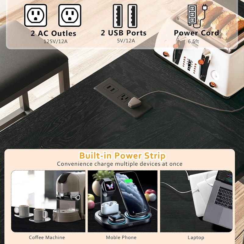 Bar Table and Chairs Set for 2-4, 63'' Convertible L-Shaped Kitchen Table with Power Outlets, 3 Piece Counter Height Small Dining Table with 2 Stools, Space Saving, Breakfast Nook Corner, Black
