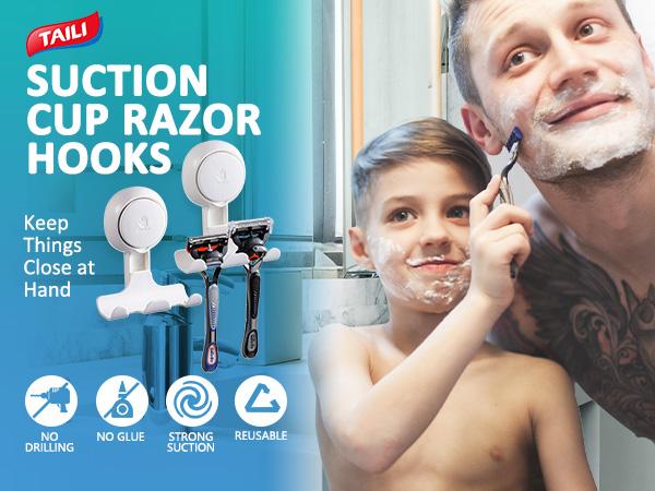 TAILI Shower Razor Holder Suction Cup 2 Pack, Vacuum Suction Razor Hanger for Shower Wall, Suction Door Hooks for Towel Loofah Sponge, Shower Razor Hooks for Bathroom Removable Waterproof, White